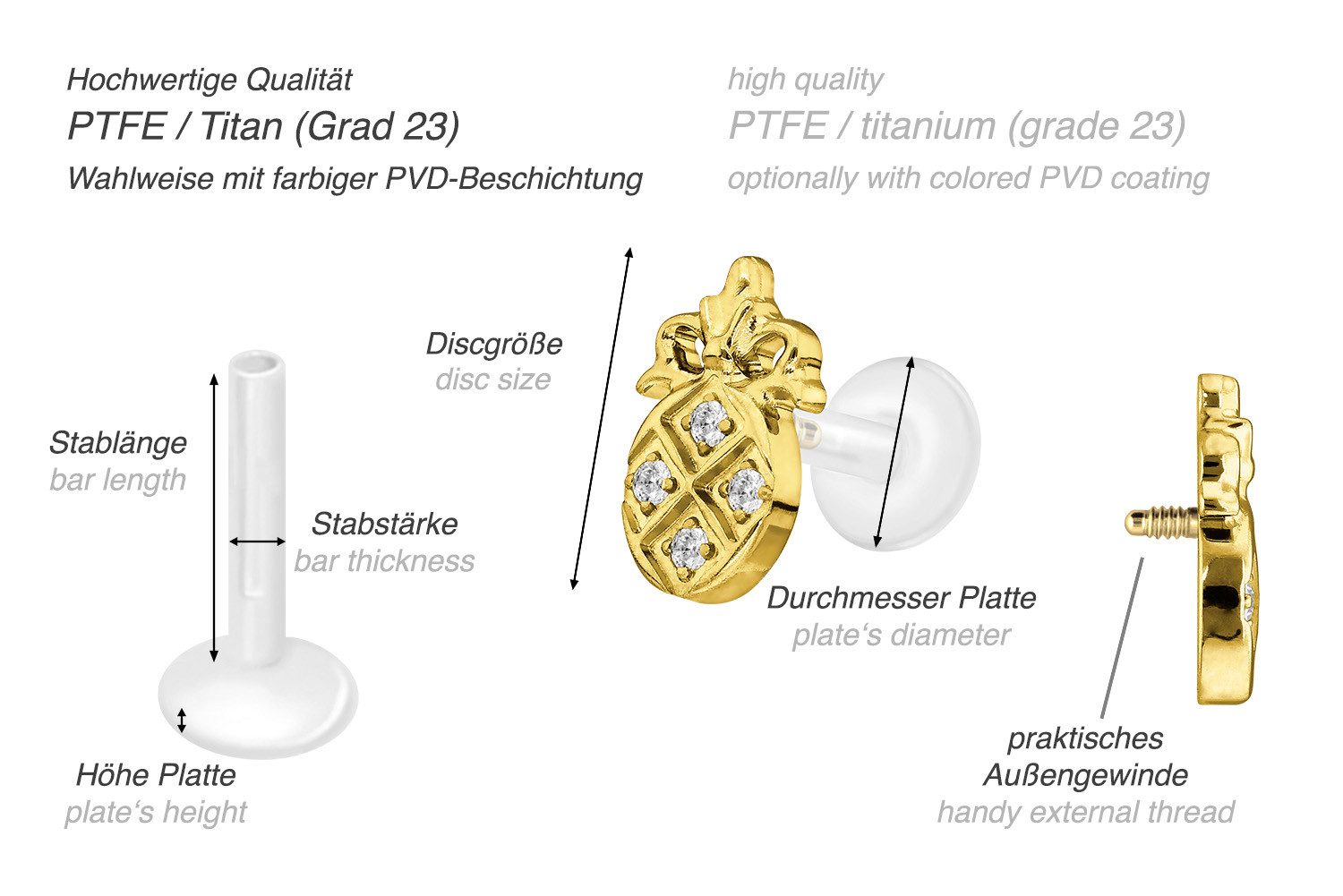PIERCINGLINE Piercing-Set PTFE Labret mit Innengewinde + Titan-Aufsatz KRISTALLANANAS (Labrets, 1-tlg)