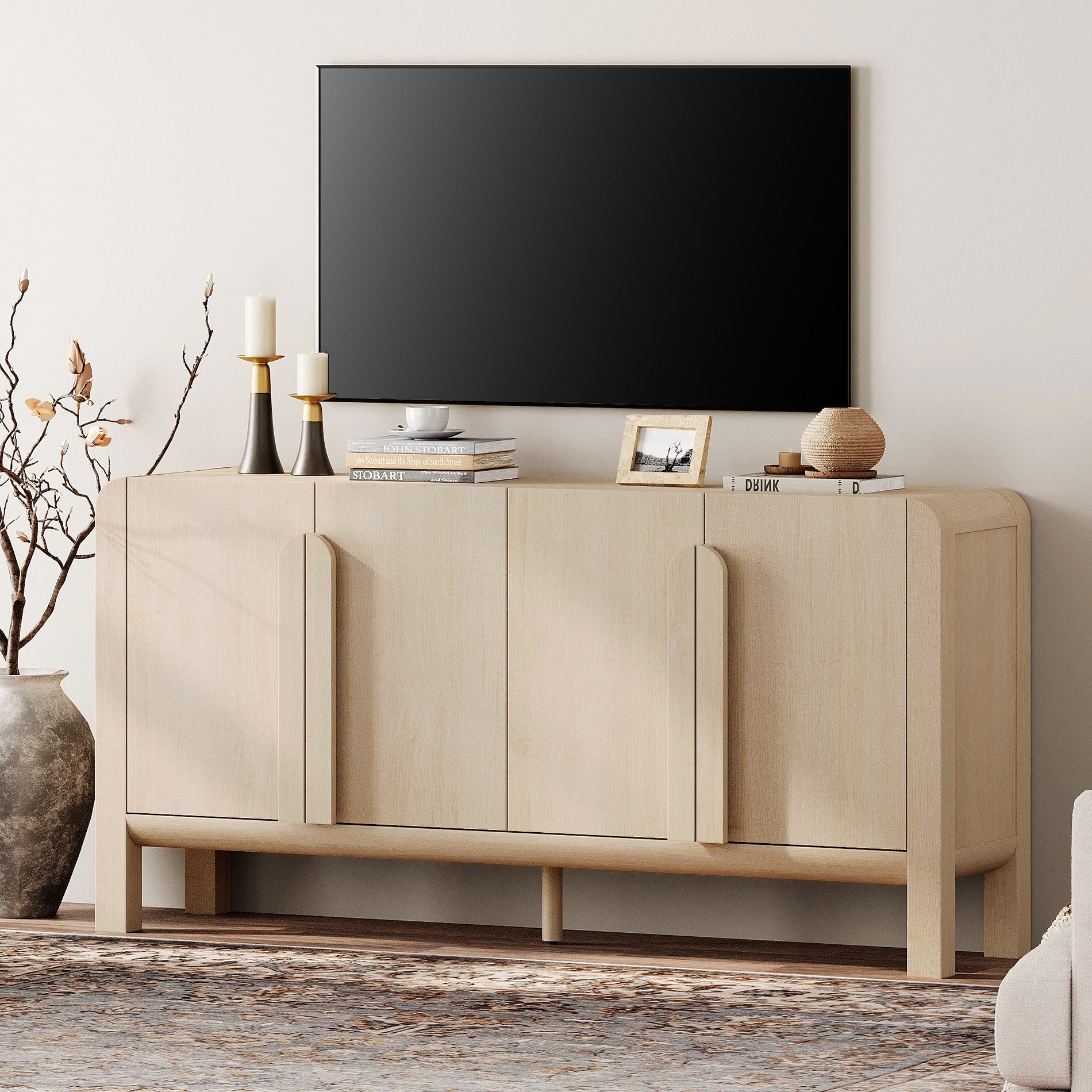 WAMPAT Sideboard mit 4 Fächern, 160 cm breit, 80 cm hoch, Holzoptik, eiche, beige, verstellbare Einlegeböden, für Flur, Wohnzimmer, Küche