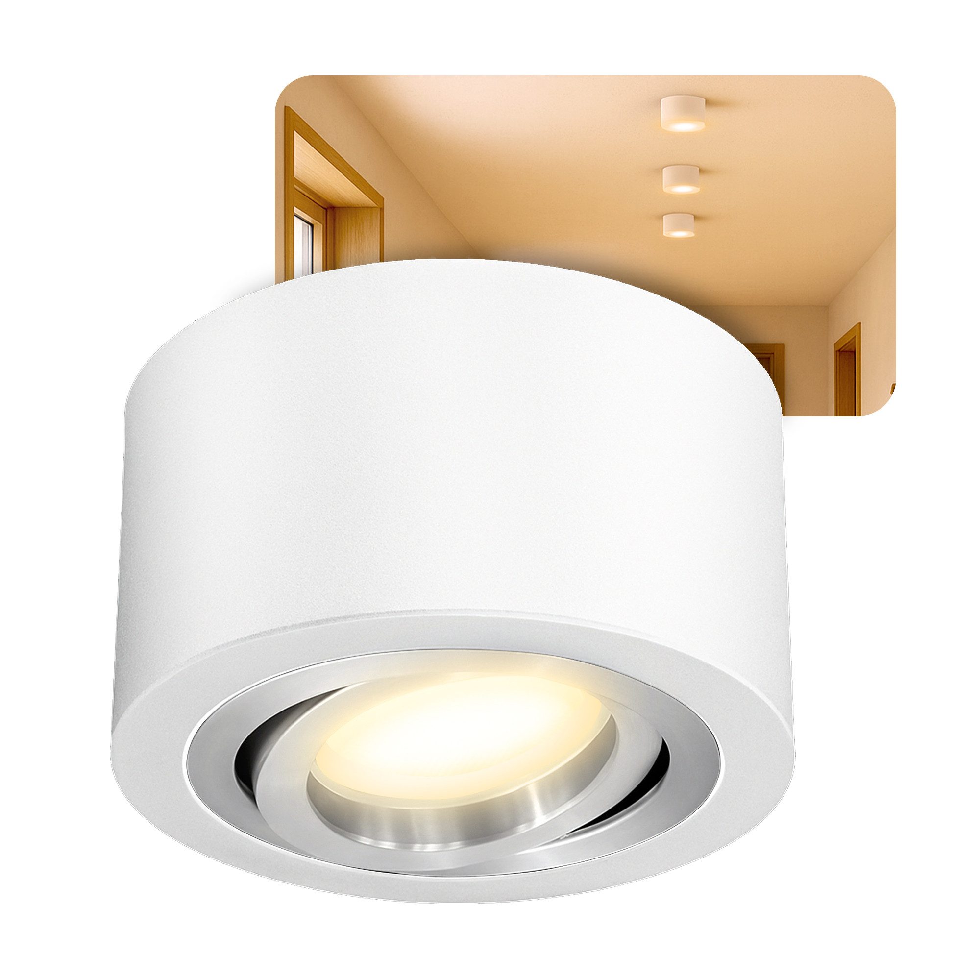 SSC-LUXon LED Aufbaustrahler LANTI Deckenspot weiß schwenkbar mit LED Birne 4W 4-Stufen dimmbar, Warmweiß