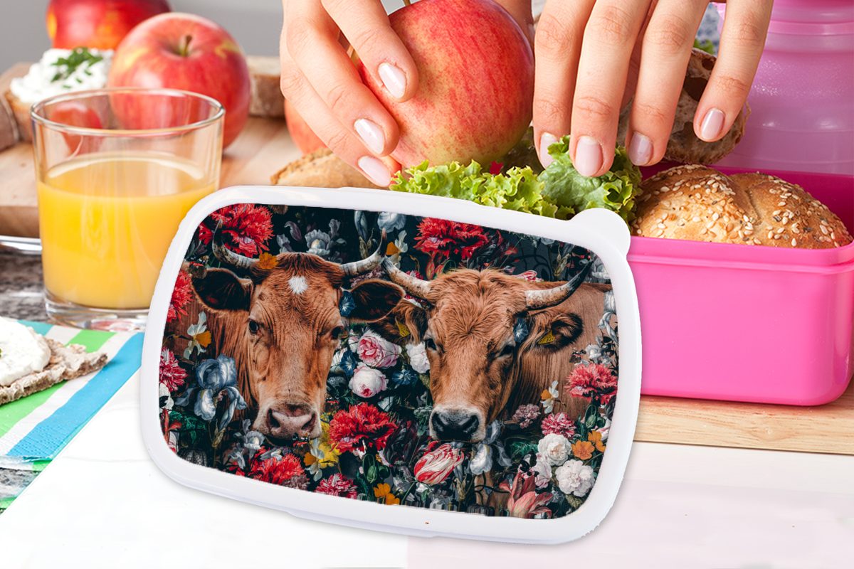 Erwachsene, Brotdose Lunchbox Kunststoff, rosa Kunststoff Tiere - Blumen Snackbox, - (2-tlg), Kuh MuchoWow Brotbox Mädchen, Kinder, - für Porträt,