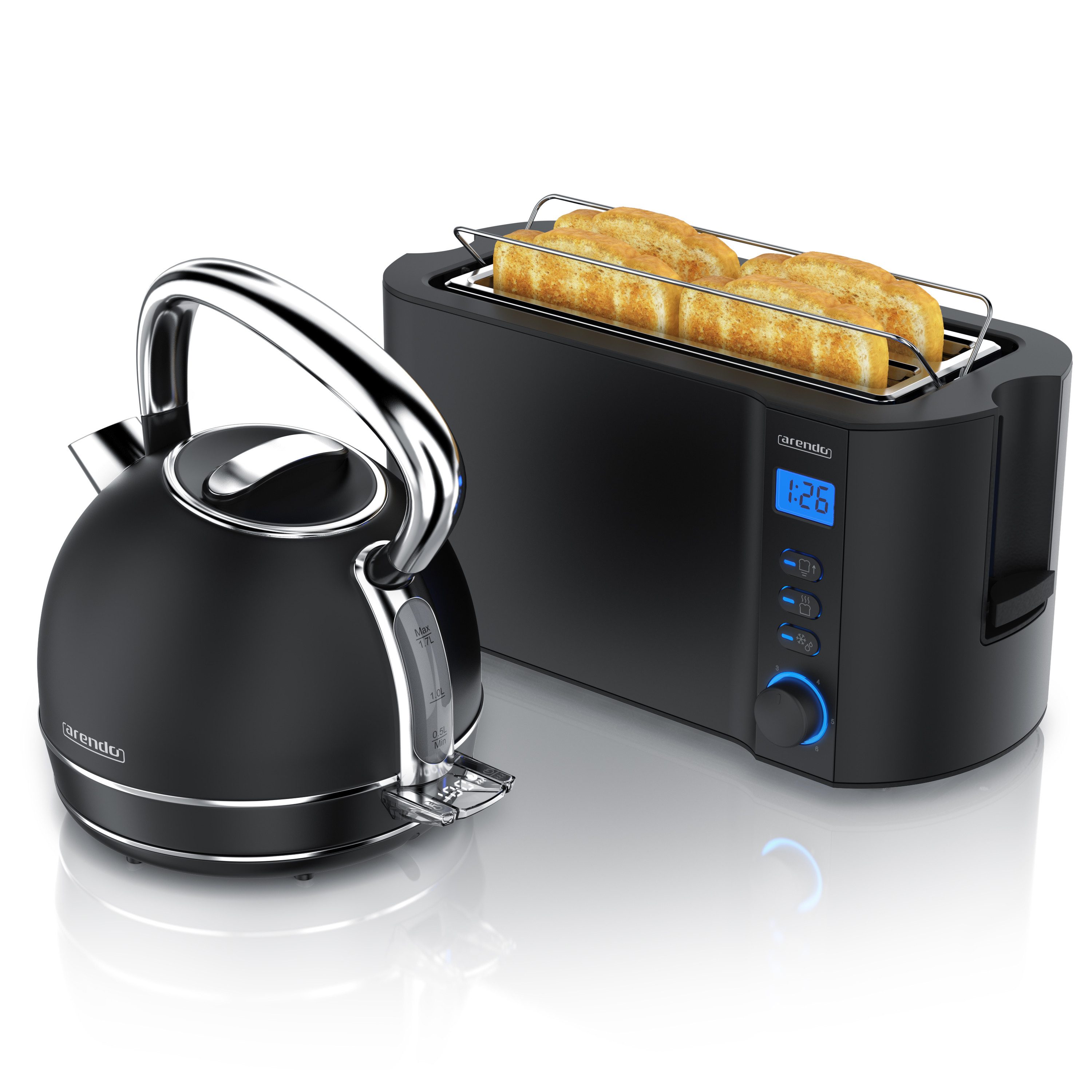 Arendo Frühstücks-Set Edelstahl Wasserkocher 1,7l, 4-Scheiben Langschlitz Toaster, schwarz (2-tlg), Vintage Wasserkocher Temperatureinstellung, Toaster Brötchenaufsatz