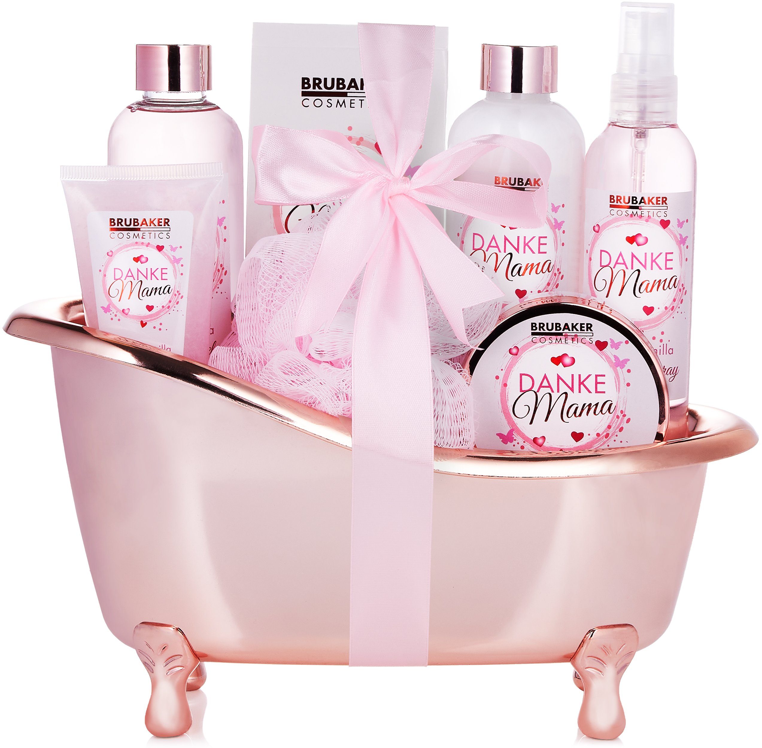 BRUBAKER Hautreinigungs-Set "Danke Mutter Muttertagsgeschenk Geschenk Beauty Pflegeset Badeset, und Geschenkset Vanille 8-tlg., Mama Mama" dekorativer mit in für Wellness Wanne, Duft, Rosen Dusch