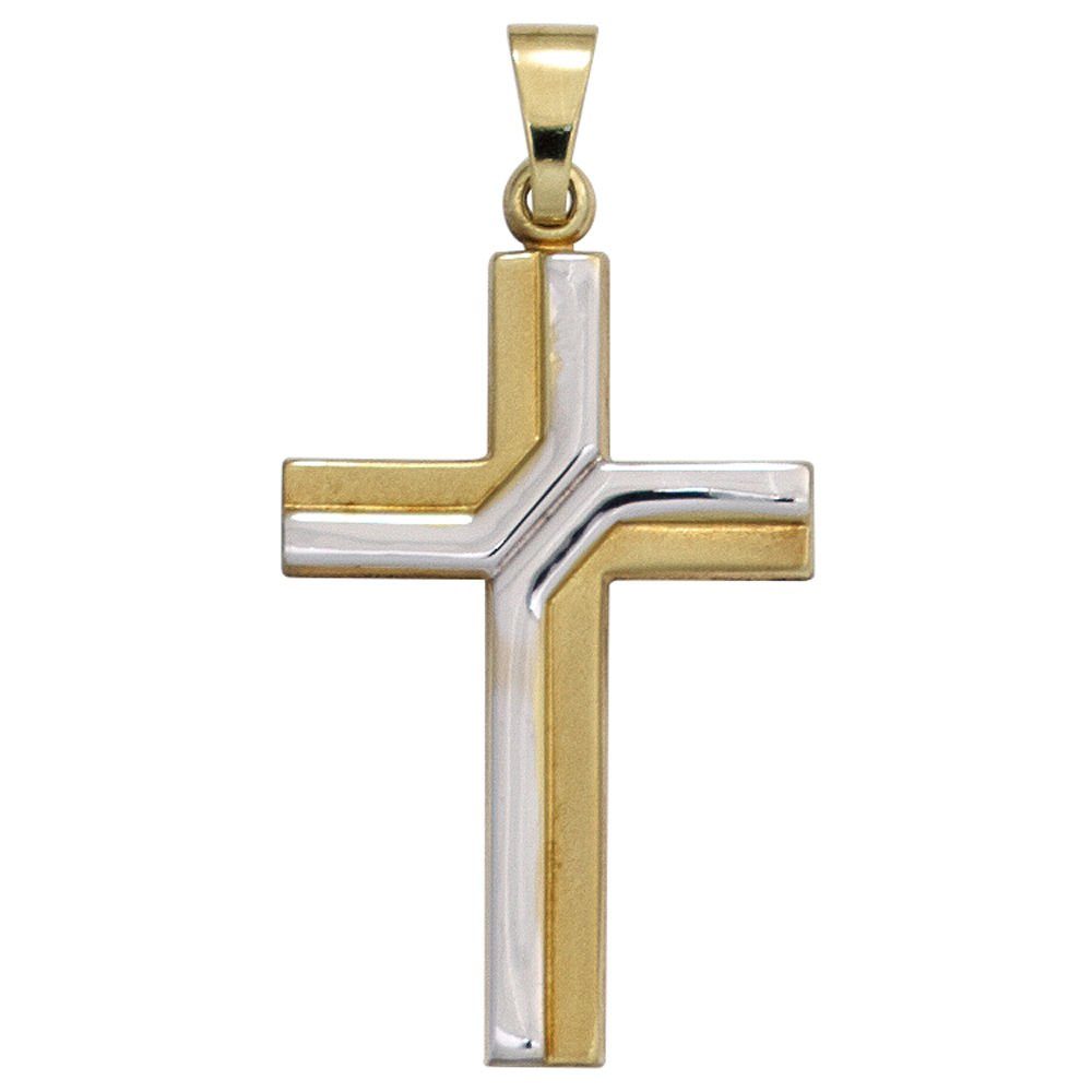 333 Gold 27,4mm zweifarbig Kettenanhänger Kreuz teilmattiert, Krone 333 Gelbgold Anhänger Gold Schmuck Goldkreuz