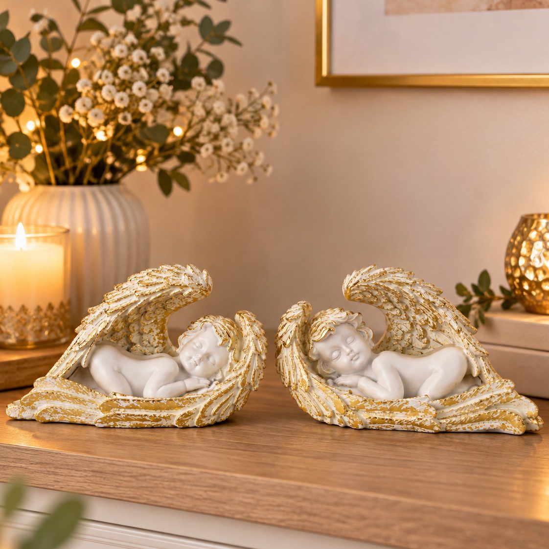 MF Weihnachtsfigur Engelfiguren Schlafende Engel in goldenen Flügeln Weiß Gold 2er Set (1 St)
