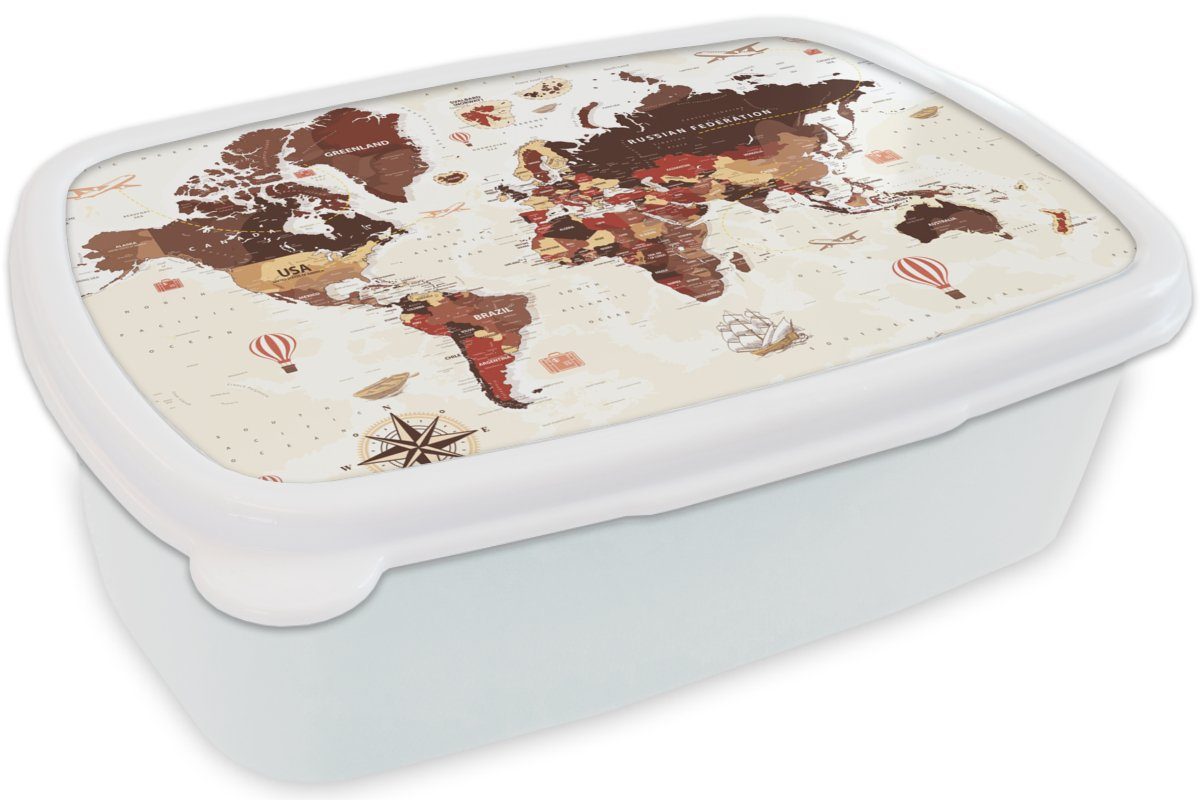 MuchoWow Lunchbox Weltkarte - Braun Erwachsene, Jungs Kinder Mädchen (2-tlg), und Brotbox für für Kunststoff, Rot, und - Brotdose, weiß
