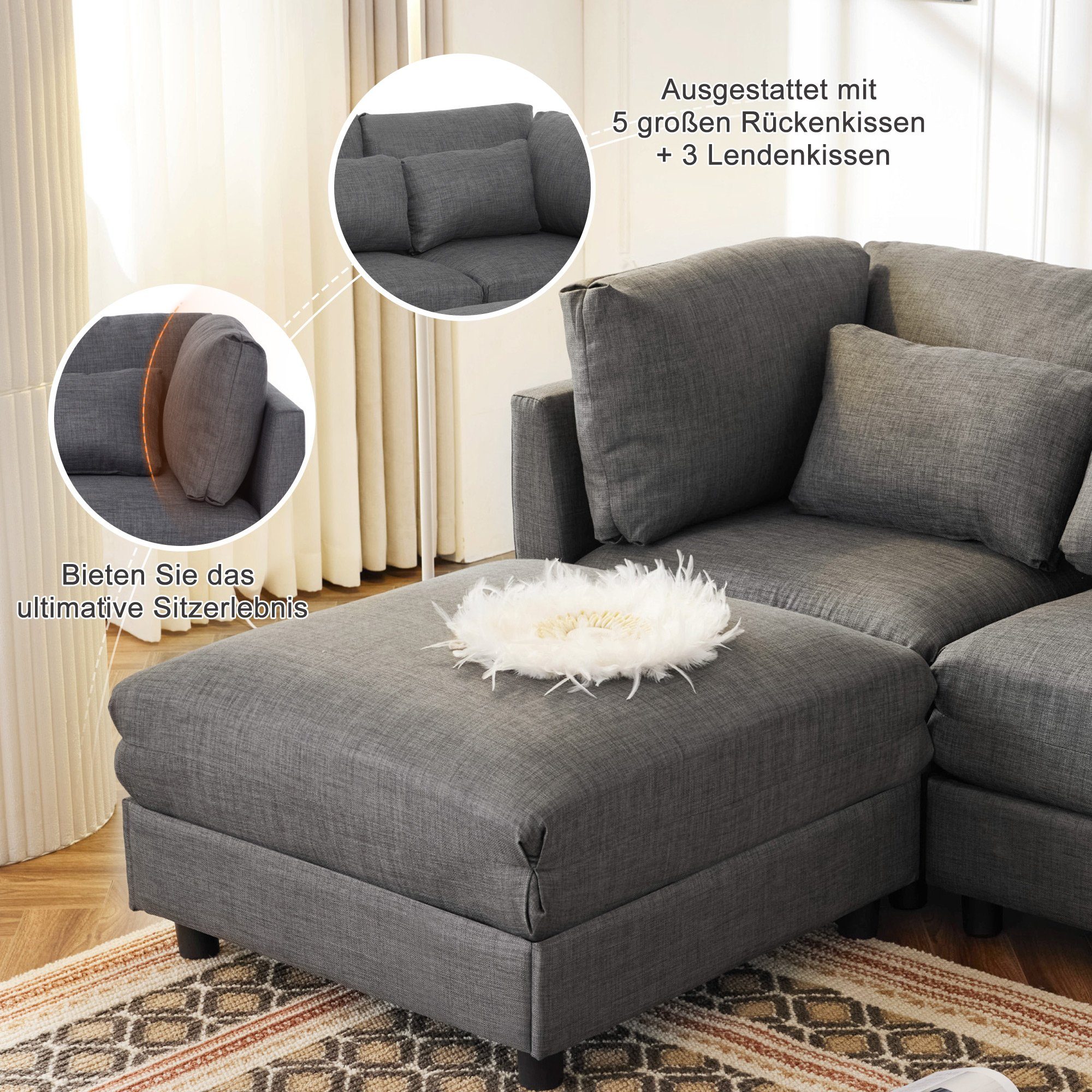 3-Sitzer mit Ecksofa Leinenbezug, mit abnehmbaren Sofagarnitur Merax mit Kissen, mane, Couch modulare Grau