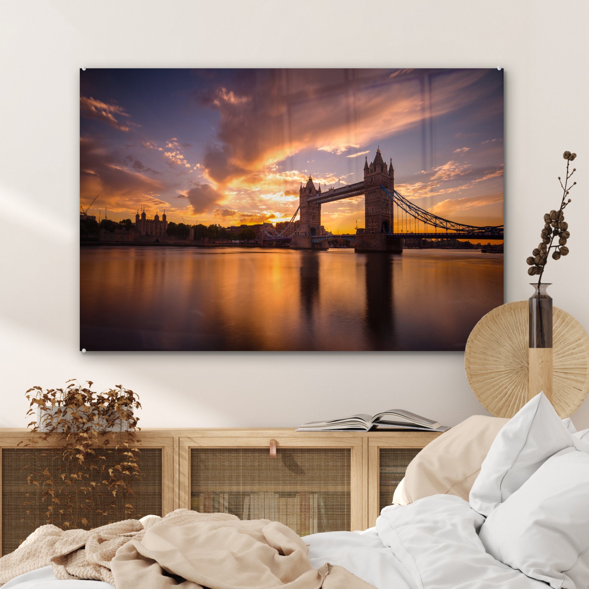 MuchoWow Acrylglasbild Bunte Farben Acrylglasbilder St), der London, (1 am & Schlafzimmer Tower Himmel in Wohnzimmer Bridge über