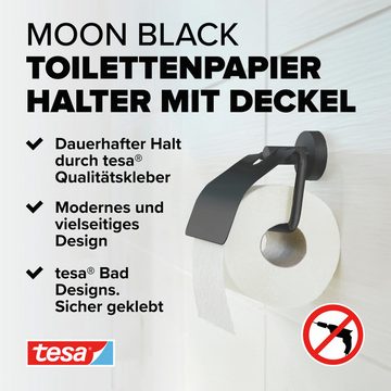 tesa Toilettenpapierhalter 1 x MOON BLACK WC-Papierrollenhalter mit Deckel (Komplett-Set, 2-St., inkl. Klebelösung), schwarz matt - 5,3 cm : 14 cm : 12,8 cm