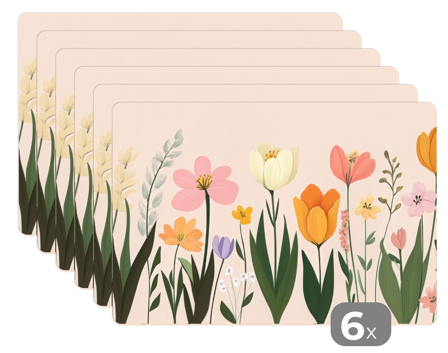 MuchoWow Platzset Pastelltöne - Blumen - Illustration, (6-St), Platzsets, Tischset, Abwaschbar, Tischsets, Platzdeckchen