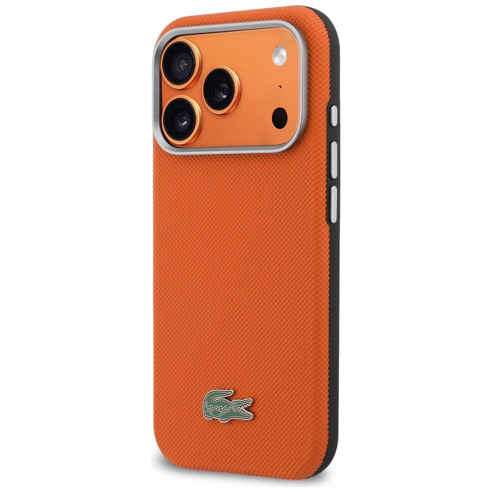 Lacoste Handyhülle iPhone 17 Pro Max Petit Pique orange schwarz Logo Metall Magsafe 6,9 Zoll, Kantenschutz
