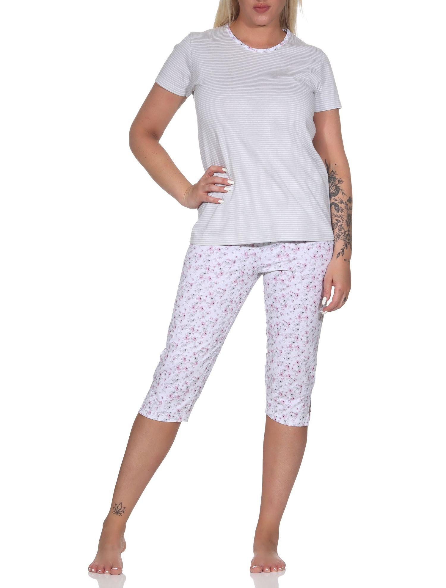 Pyjama Floraler Damen Capri Schlafanzug mit Streifen, 3/4 Hose & Rundhals
