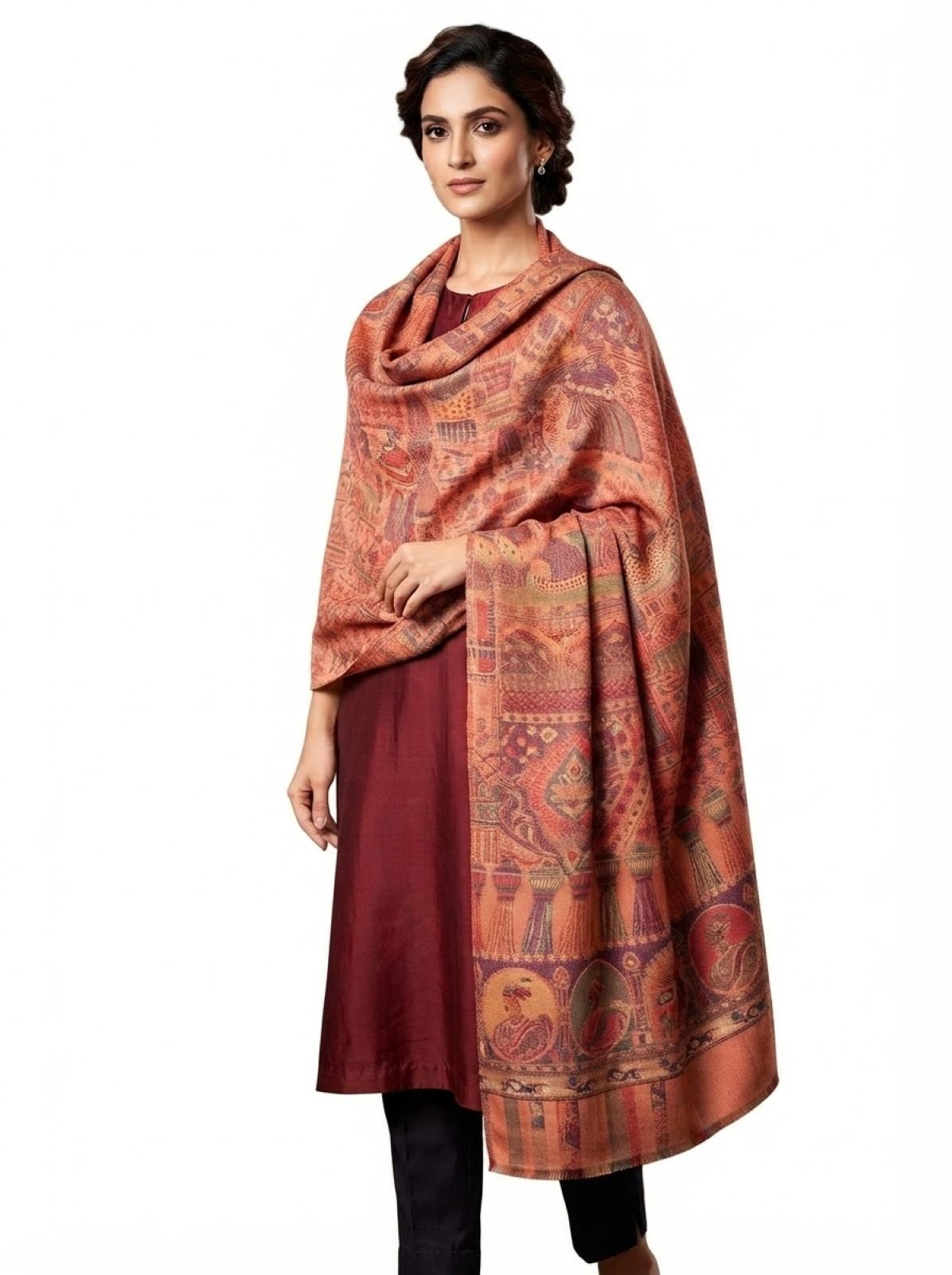 PfauGermany Modeschal Raj Mehal Kalamkari Wool Blend Shawl - Equinox Multi