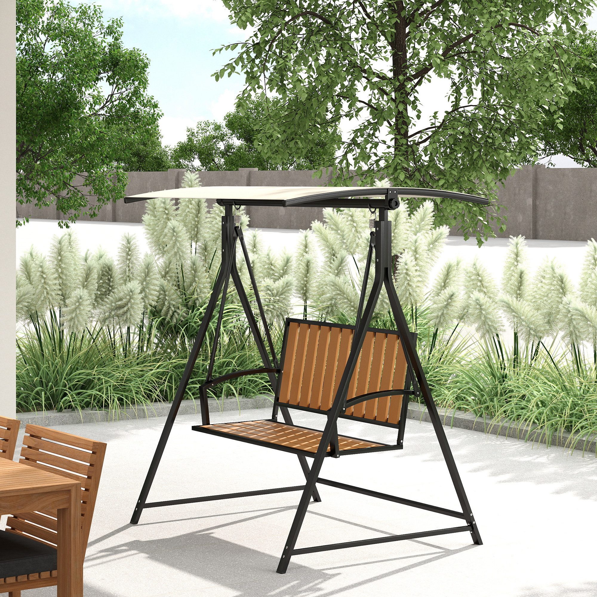 Outsunny Hollywoodschaukel mit verstellbarem Sonnendach, 2-Sitzer, Schaukelfunktion, 2-Sitzer Gartenschaukel, 1 tlg., wetterfest Schaukelbank, für Garten, Terrasse, 142 x 112 x 162cm, Schwarz