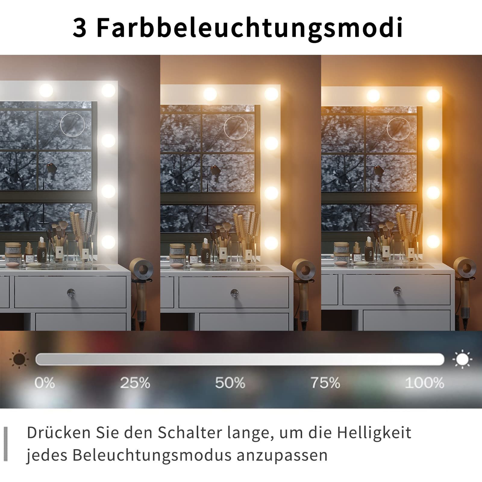 Yanosaku Schminktisch mit Spiegel & LED-Beleuchtung, 11 Schubladen & 12 dimmbaren LEDs (1-St., mit Hocker), Ideal für Make-up & Kosmetikablage, 105x40x142cm – Bild 5 von 5
