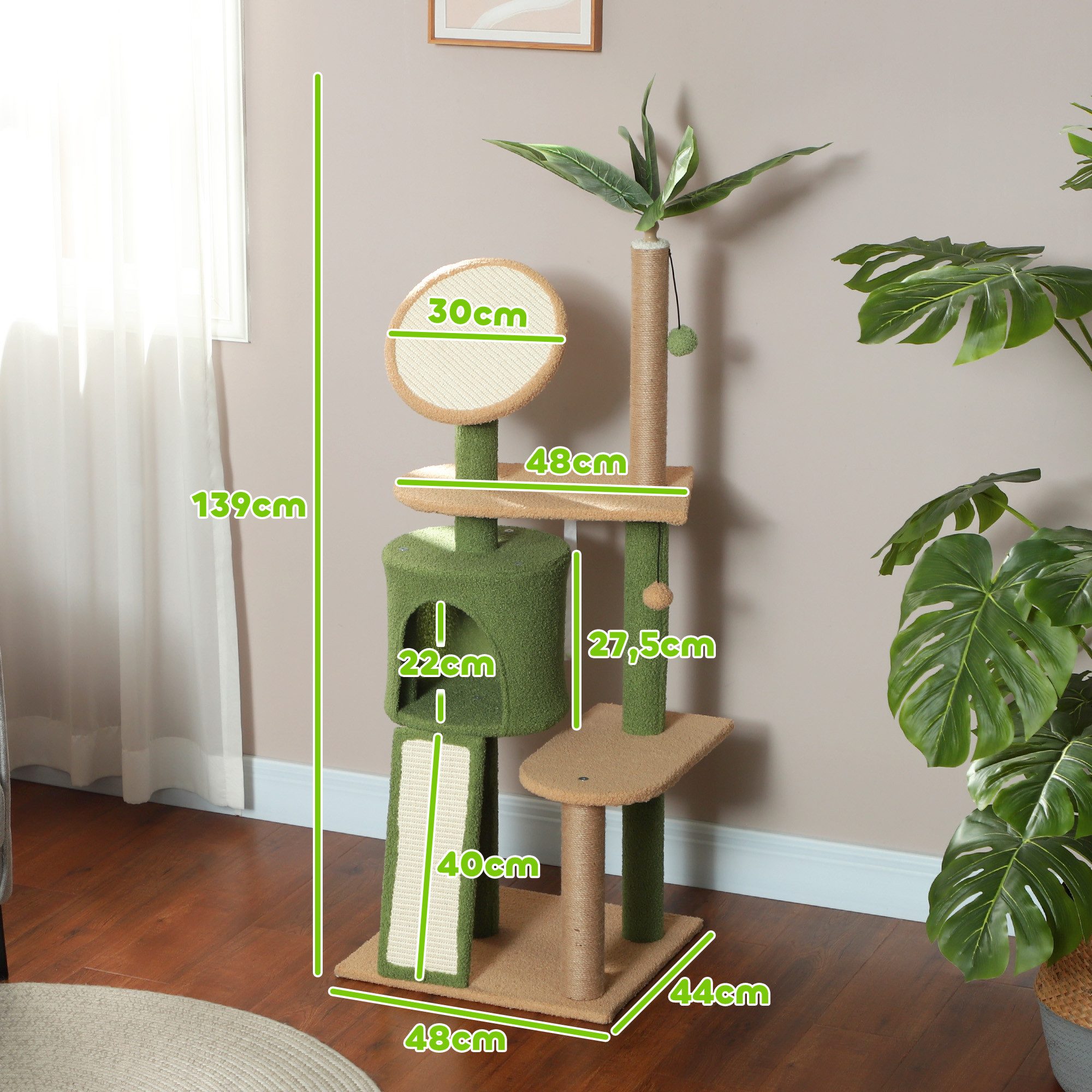 PawHut Kratzbaum 139 cm, mit Katzenhöhle, Spielball, Sisal-Kratzsäulen, für Katzen bis 5 kg, Grün