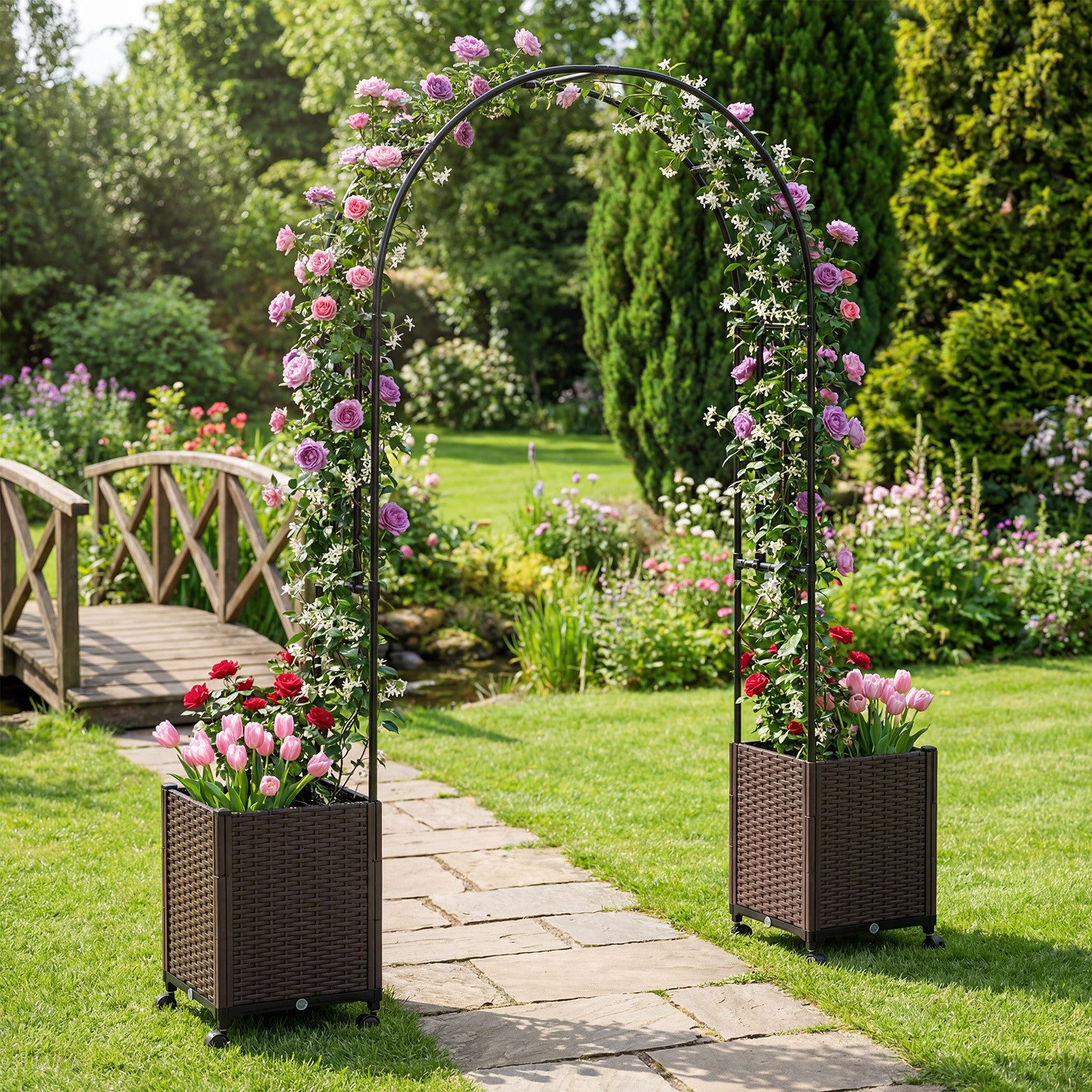 COSTWAY Blumenkasten (1 St), 2 in 1 Rosenbogen, Pflanzkasten mit Rankgitter, auf Rollen