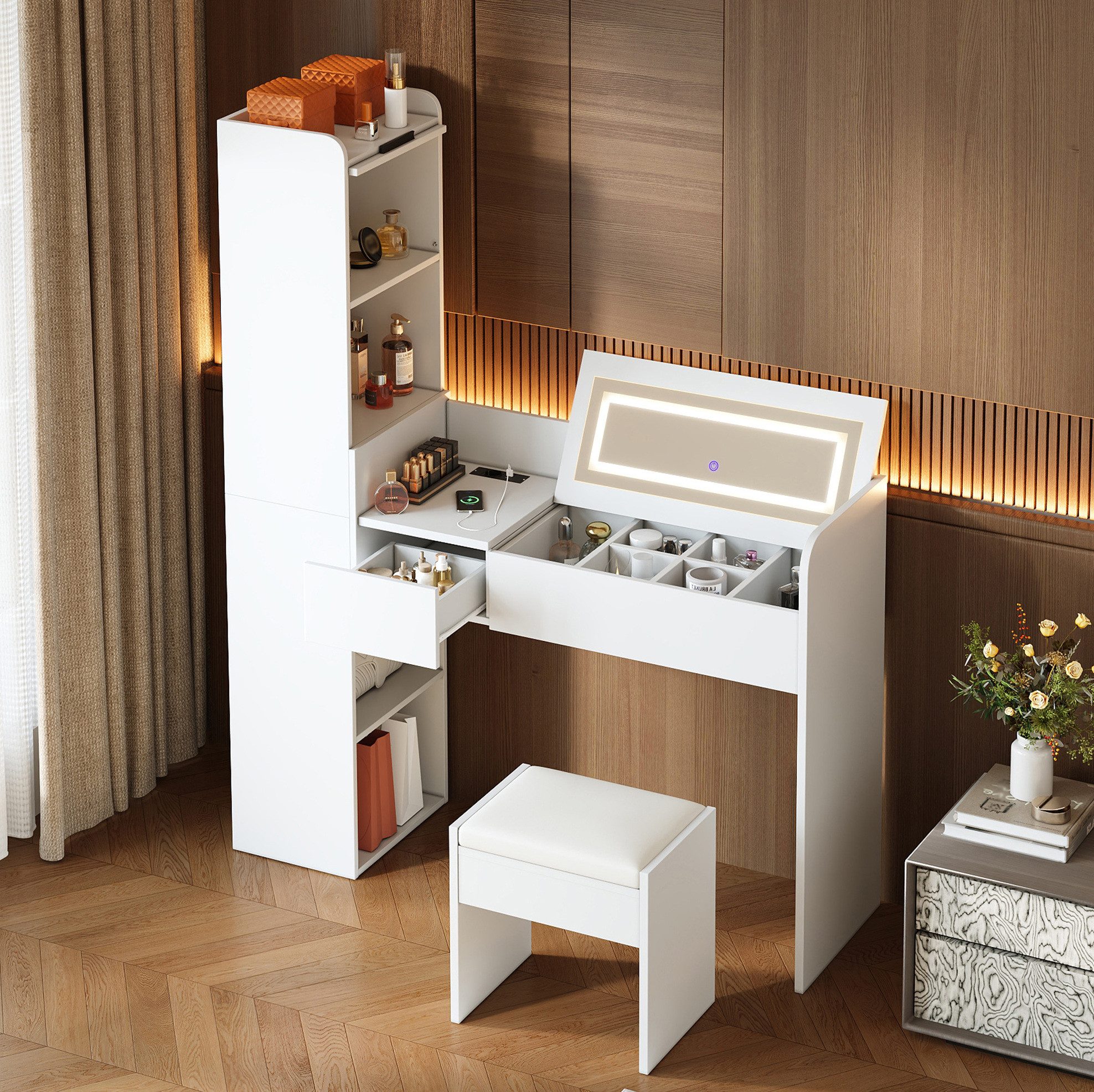 OKWISH Schminktisch Kosmetiktisch mit LED-Spiegel, USB und Hocker (Packung, 1-St., versteckter Stauraum, seitlicher Hochschrank), Weiß, 131x160x40 cm, Schublade