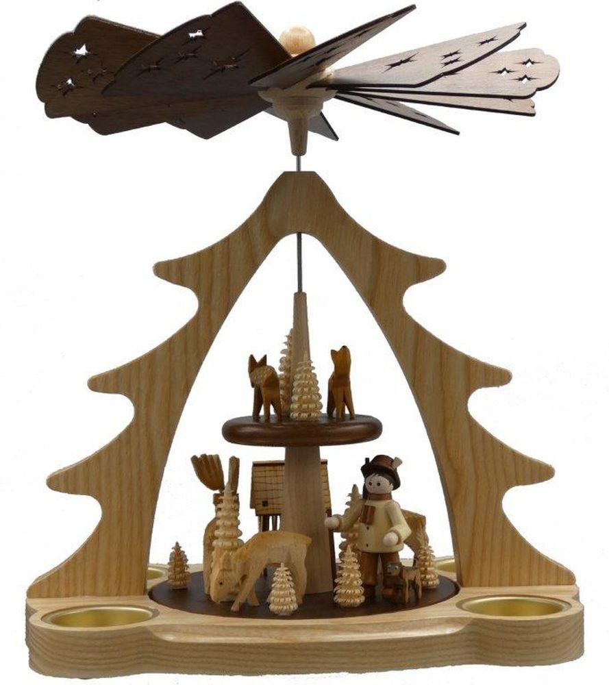 Holz- und Drechslerwaren Legler Weihnachtspyramide Pyramide Förster mit Rehe im Wald mit Teelichter natur Höhe 28cm NEU