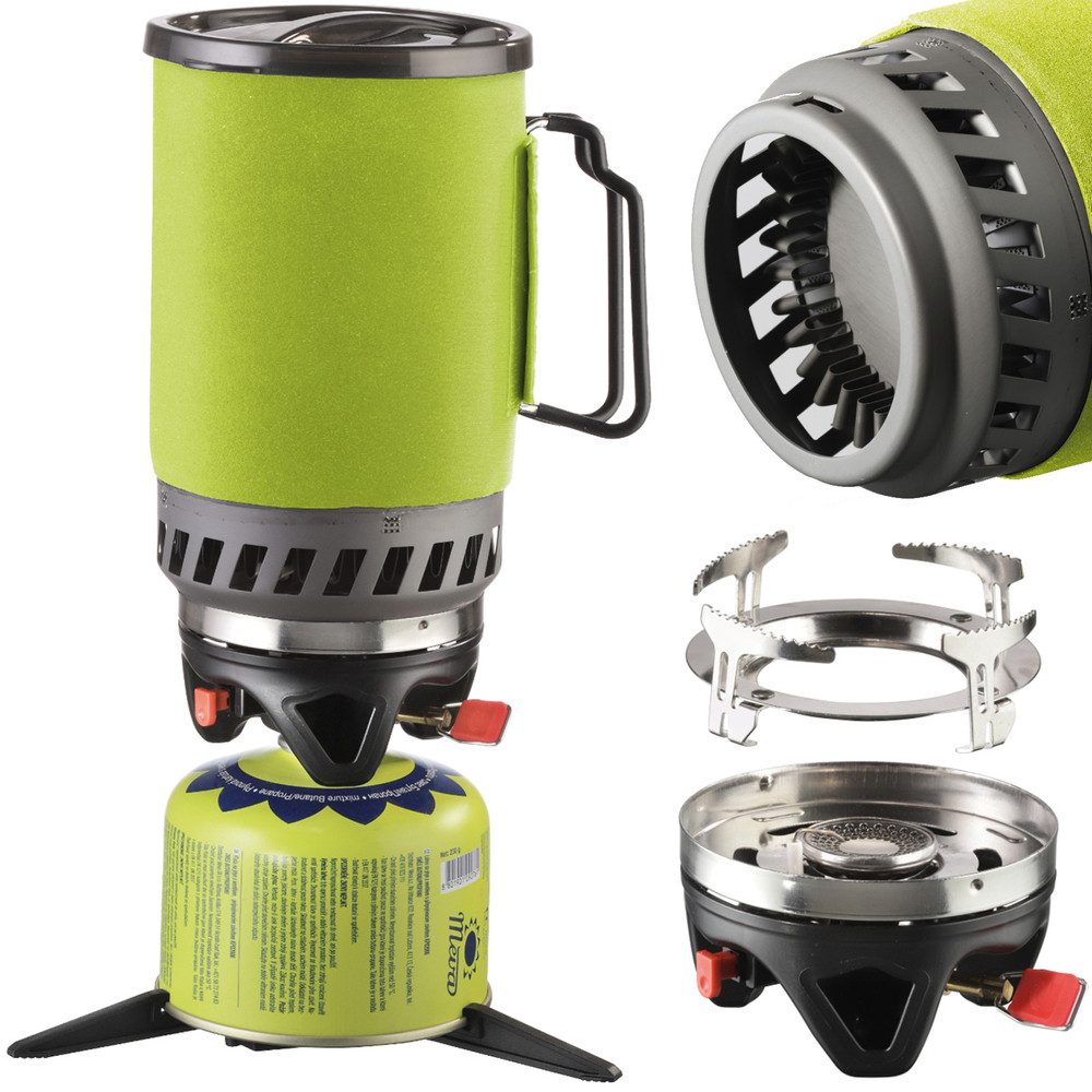 PrimeVal Gaskocher Kochsystem Trekkingset, (Spar-Set, 1-St., 1,1 L kompakt), Trinkbecher-System, Piezozündung, Wärmetauscher, kompakt