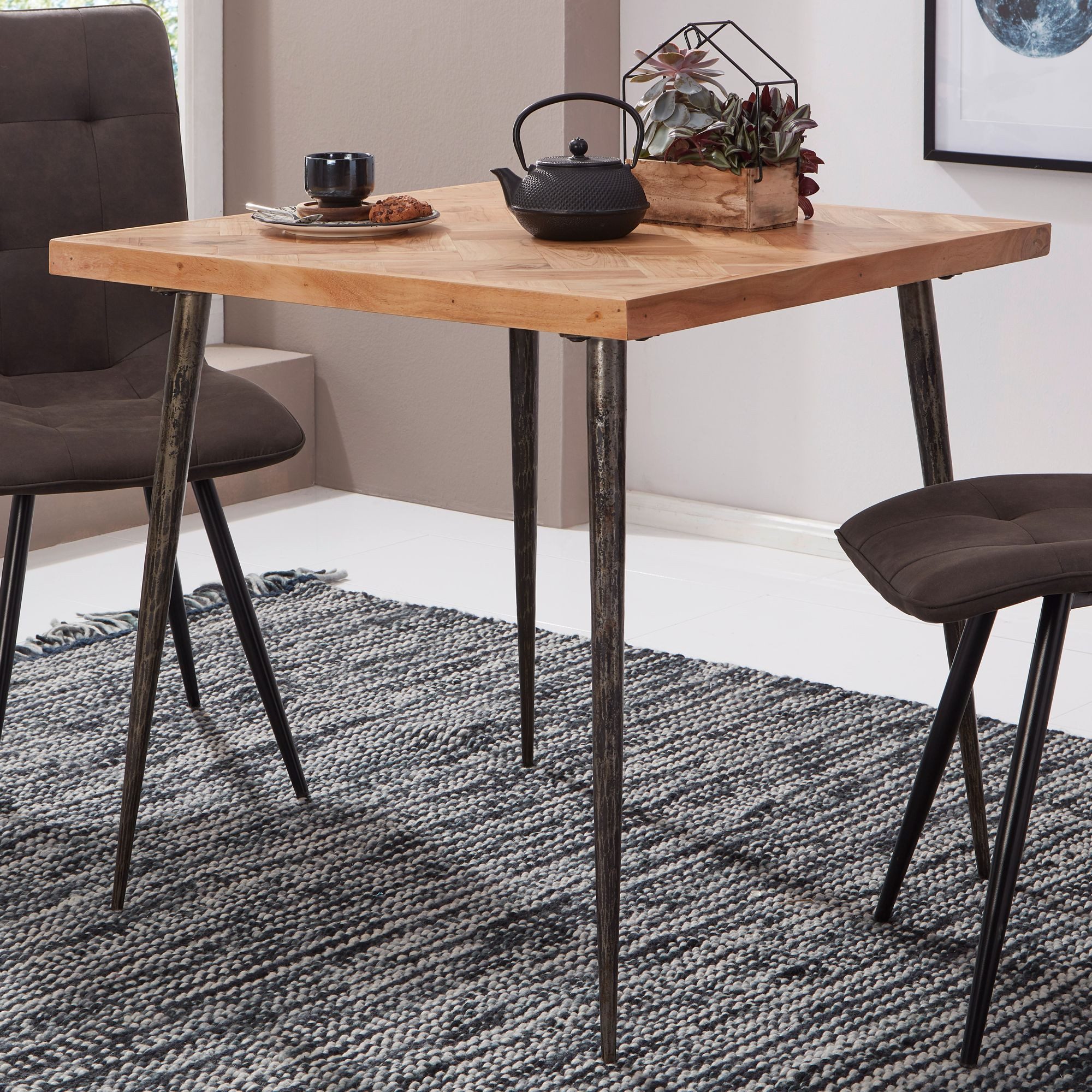 Wohnling Esstisch WL5.633 Holz Esszimmertisch Massiv Holztisch Tisch Esszimmer 80cm (80x76x80 cm Massivholz Akazie / Metall Industrial), Kleiner Esszimmertisch, Küchentisch Quadratisch