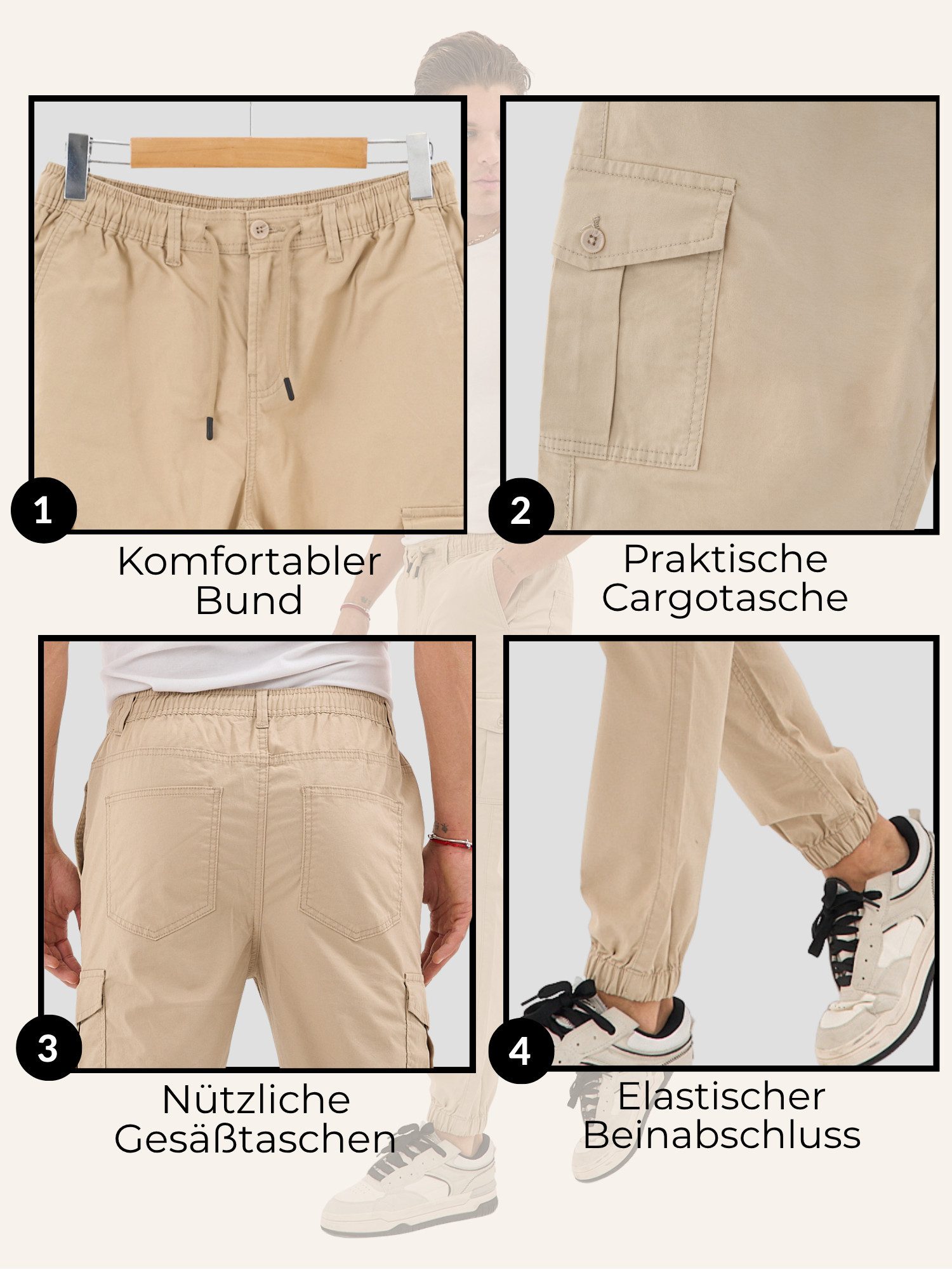 COMEOR Cargohose Herren Stretch Relaxed Fit mit 6 Taschen und Kordelzug Elastischer Beinabschluss, Kordelzug am Bund, Hoher Tragekomfort