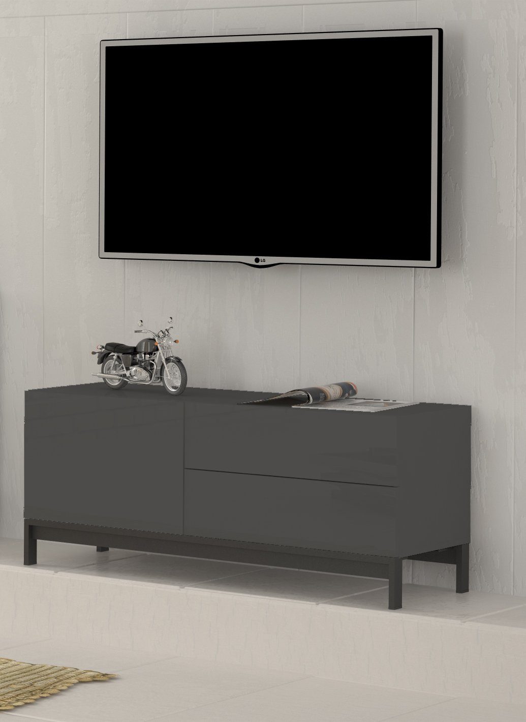 möbelando TV-Board Mercogliano, Modernes TV-Lowboard aus Spanplatte in  Anthrazit Hochglanz, Gestell aus Metall in Schwarz mit 1 Holztür und 2  Schubkästen. Breite 110 cm, Höhe 47,7 cm, Tiefe 40 cm