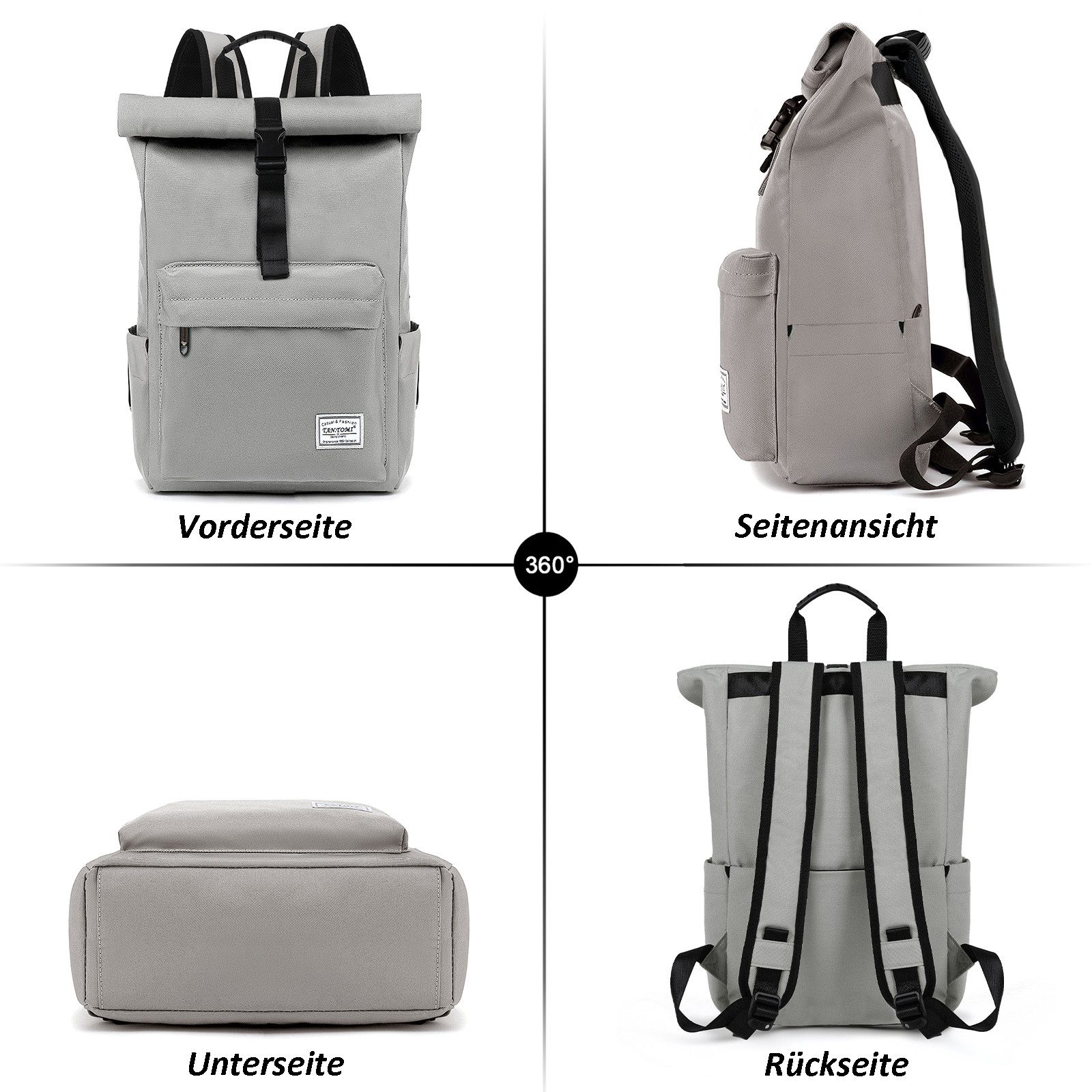 TAN.TOMI Cityrucksack Rolltop Rucksack Damen Herren, Rucksack Laptop Tasche 15,6 Zoll (Damen Herren weit öffenbar, Rolltop Rucksack wasserdicht), Backpack Daypack für Schule,Fahrradfahren,Freizeit und Reise
