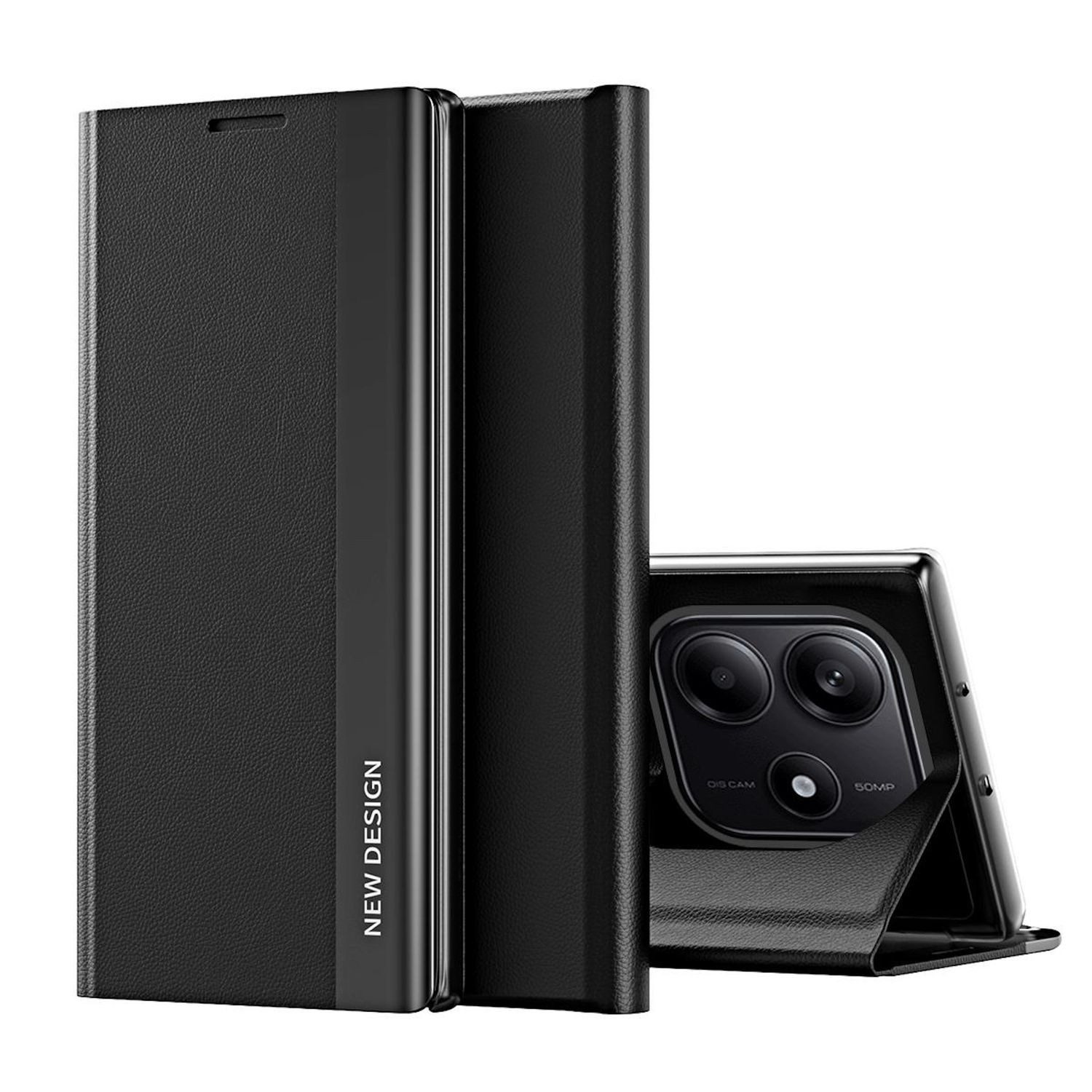 Wigento Smartphone-Hülle Für Xiaomi Redmi Note 14 5G Electroplated Kunstleder Hülle Schwarz, Seiten-Elektroplattierung, Flip-Stand, Adsorptionsfunktion