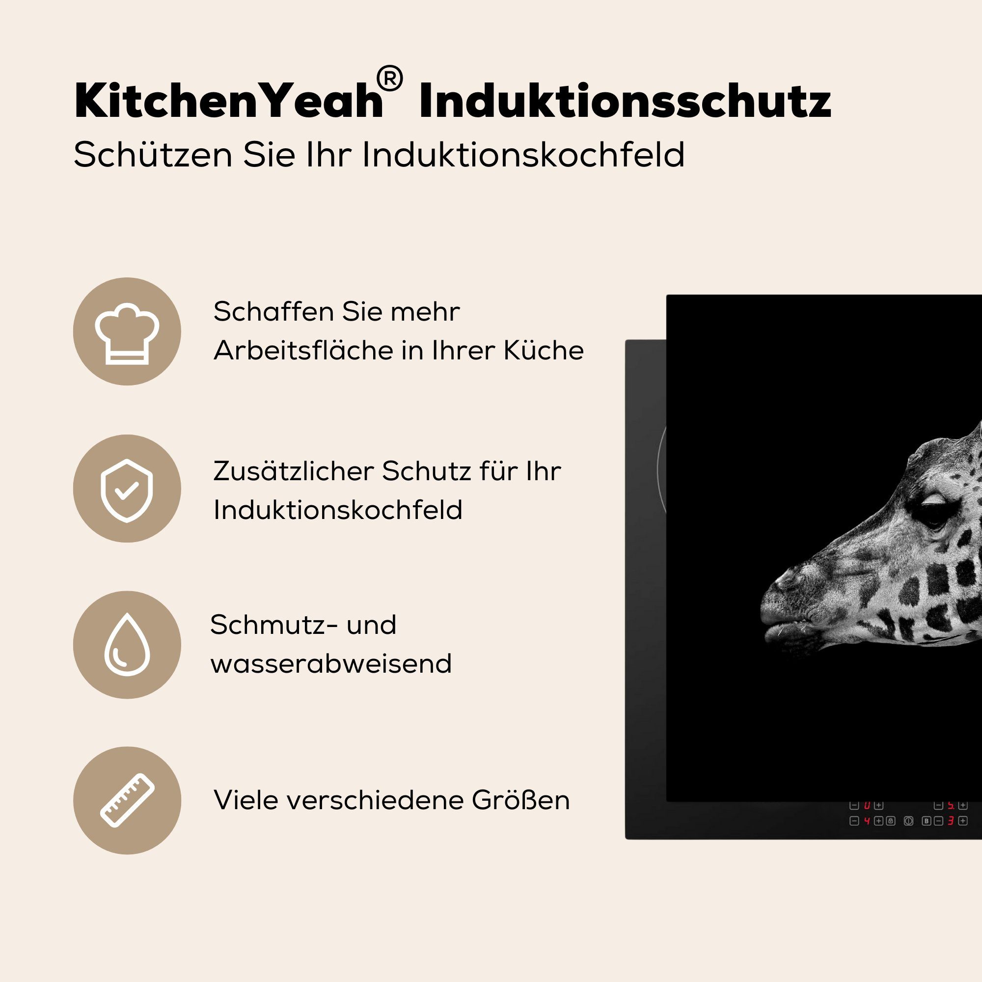 MuchoWow Herdblende-/Abdeckplatte Tiere - Giraffe - Schwarz (1 cm, küche Arbeitsplatte tlg), Weiß, 77x59 für Vinyl, Ceranfeldabdeckung, 