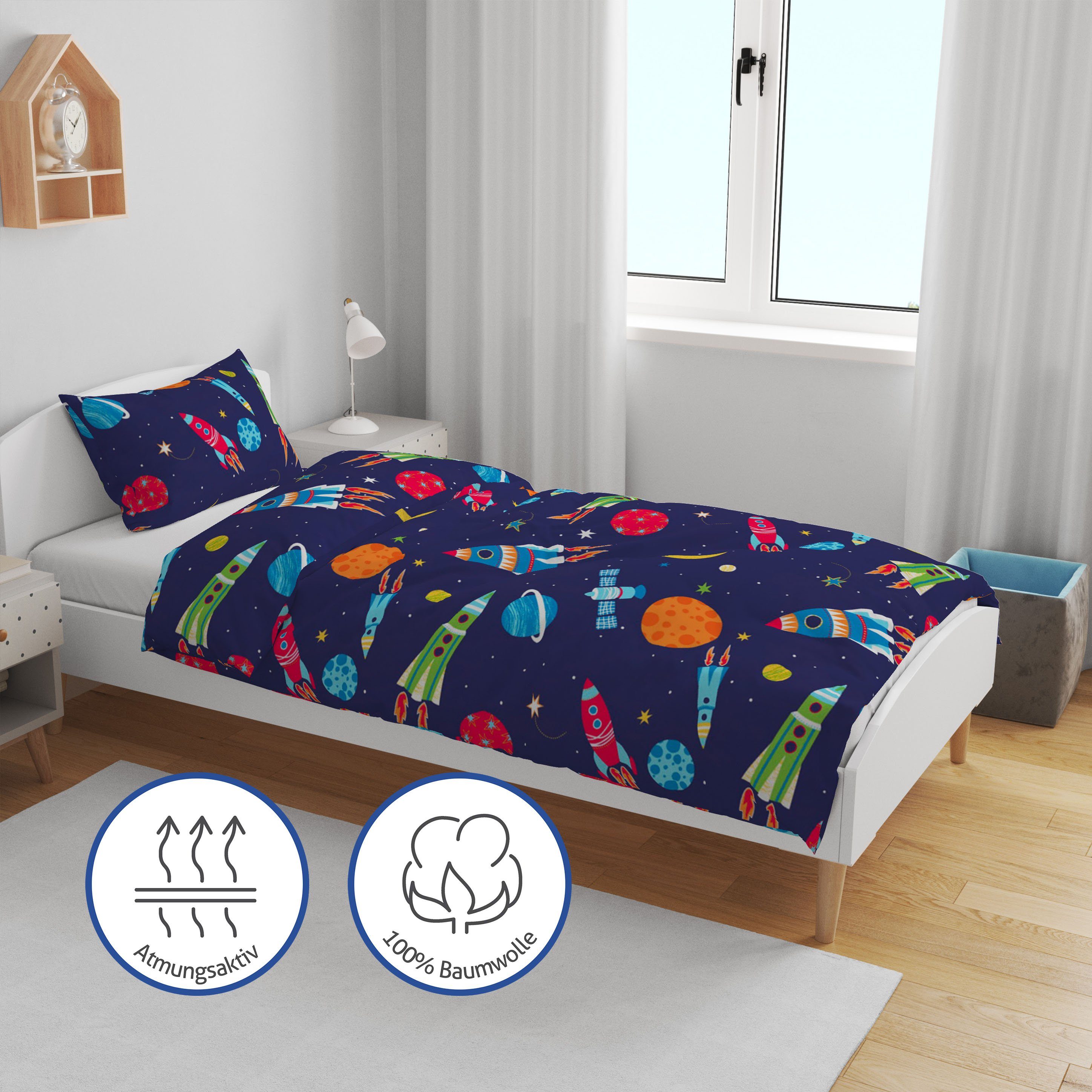 LINKHOFF Kinderbettwäsche Astronauten Bettwäsche 135x200 2tlg. - 100% Baumw günstig online kaufen