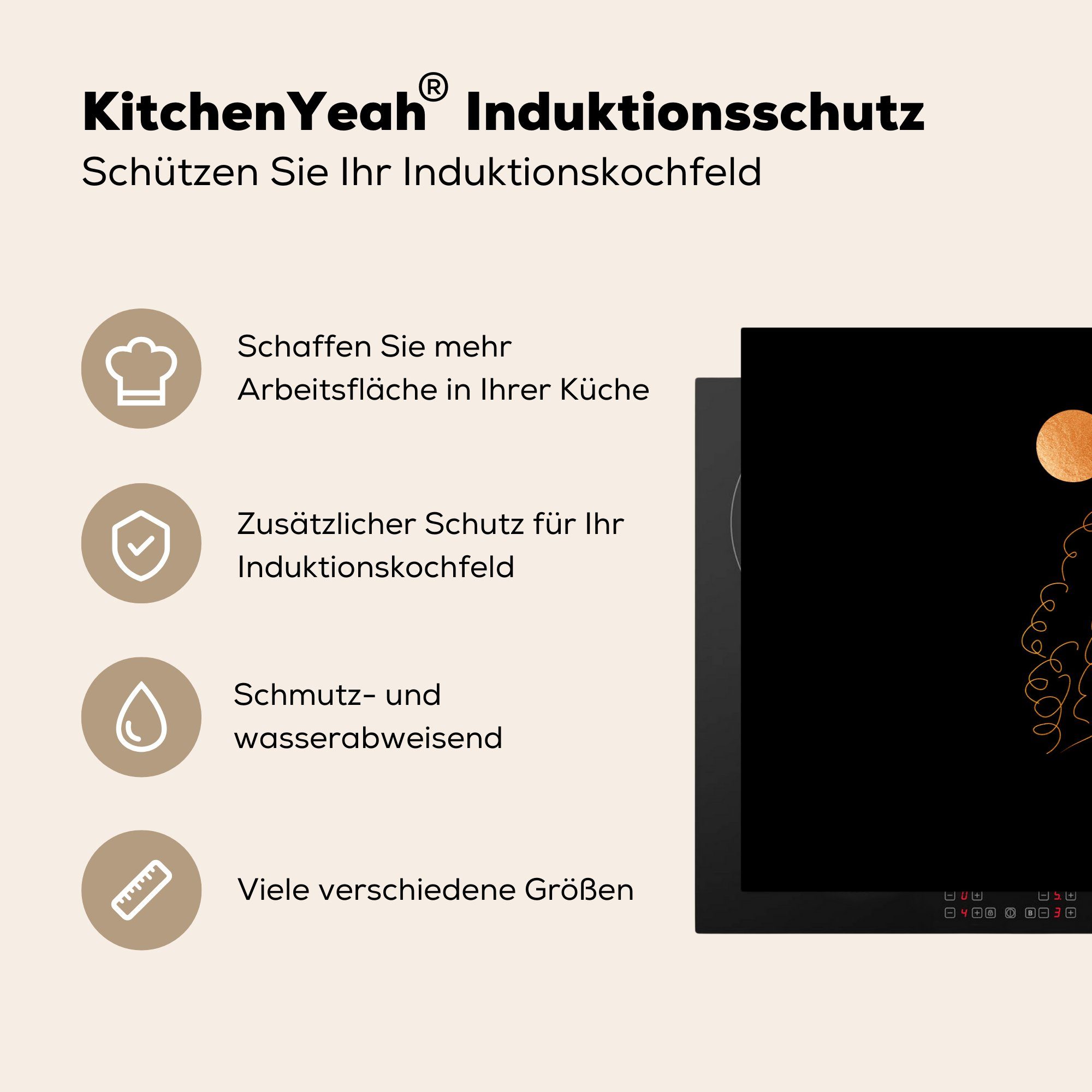 Ceranfeldabdeckung Strichzeichnung 81x52 - Vinyl, Schwarz und Herdblende-/Abdeckplatte die - Induktionskochfeld - (1 tlg), Gold, für küche, Schutz cm, MuchoWow Frau Mond