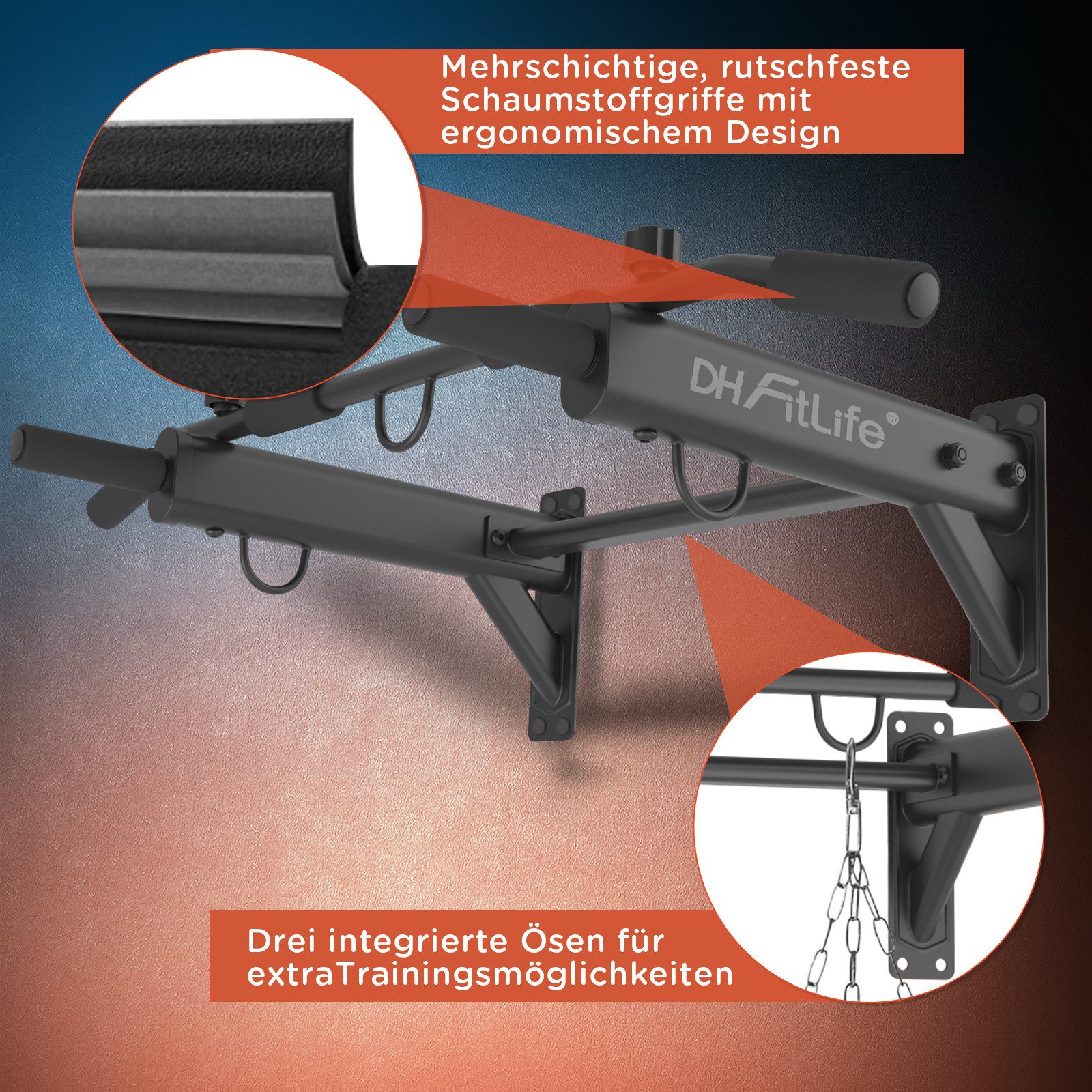 DH FitLife Klimmzugstange zur Wandmontage 4in1 mit Spreizdübel (Multifunktionale Pull-Up Bar für Zuhause bis 200kg, 6 rutschfeste Griffe), 3 Öse für Boxsack & S – Bild 5 von 5