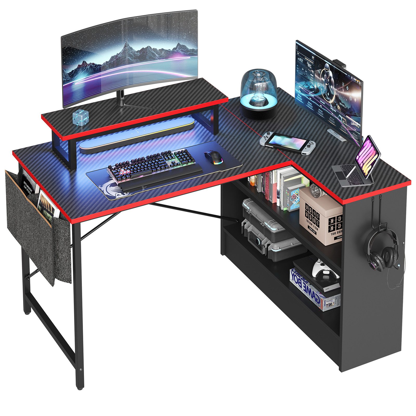 Bestier Computertisch Schreibtisch mit RGB-Beleuchtung und Halterungen (107x80x89cm Reversibler Gamingtisch mit Stauraum, Monitorständer), Eckschreibtisch Breite 107 cm