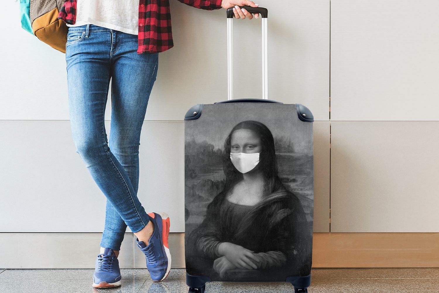 Rollen, Handgepäck für Trolley, Vinci Reisekoffer Gemälde von Lisa da weißer Reisetasche Mundhaube mit Handgepäckkoffer ein 4 -, Leonardo rollen, MuchoWow mit Ferien, Mona -
