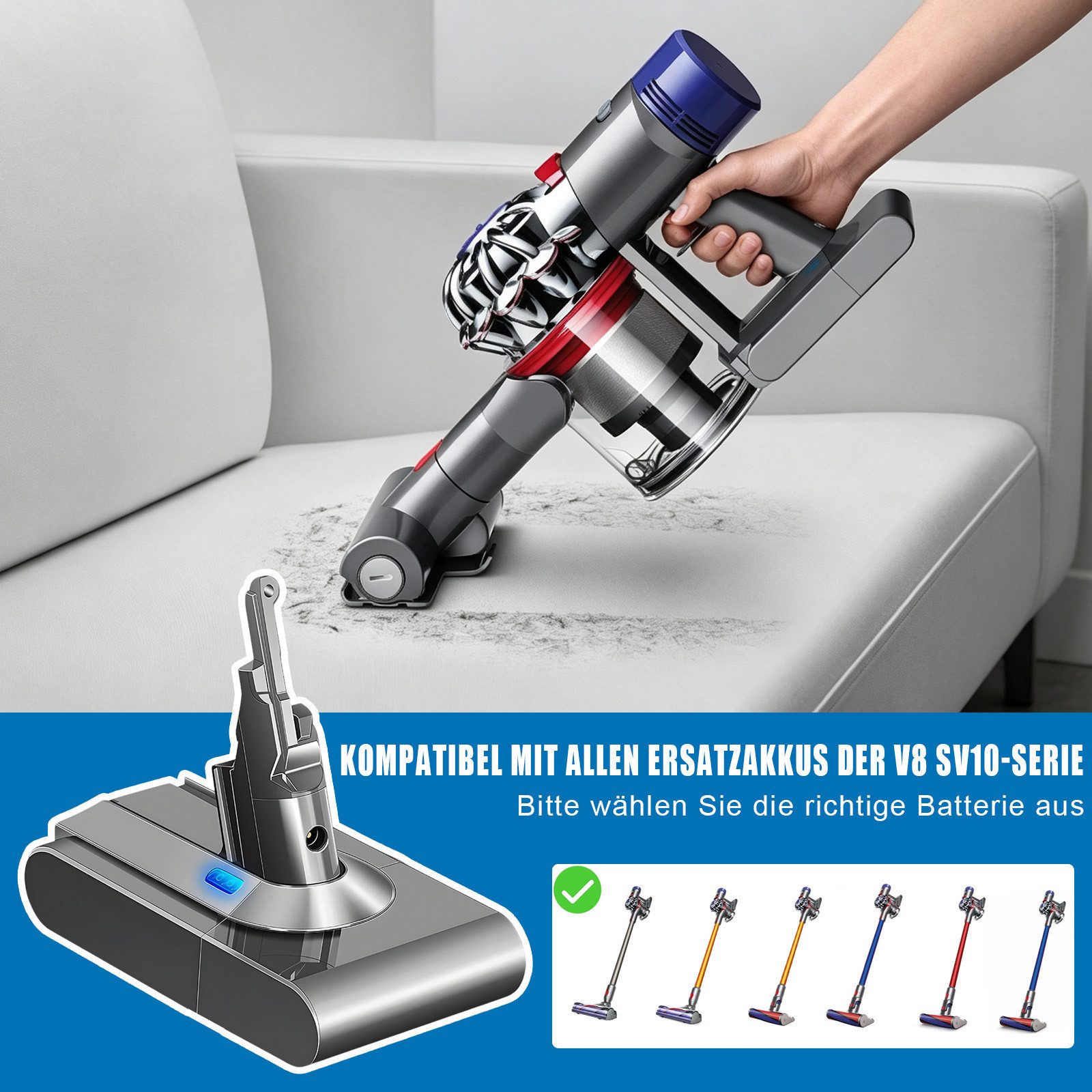 AKKEE 4600mAh Ersatzakku für Dyson V8 SV10 Akku Li-Ionen Batterie Staubsauger-Akku, Für Dyson V8 Absolute V8 Animal V8 Fluffy V8 Motorhead SV10