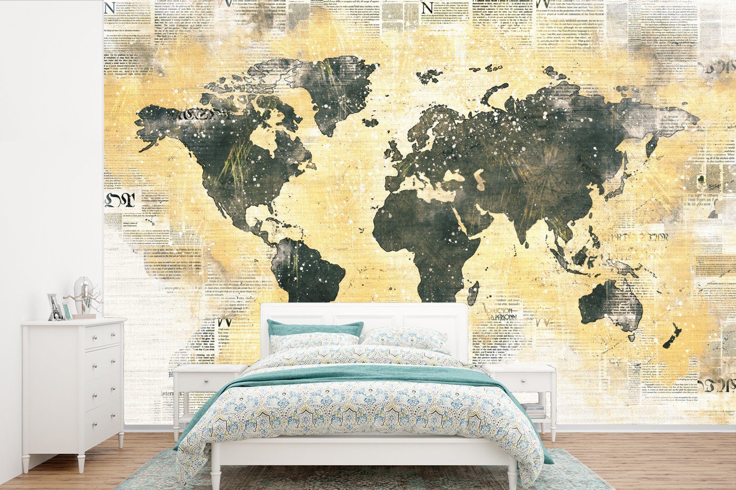 Weltkarte Schlafzimmer, Vinyl Wallpaper Gold MuchoWow (6 Matt, - Zeitung, - für Wohnzimmer, Fototapete St), Tapete bedruckt, Kinderzimmer,