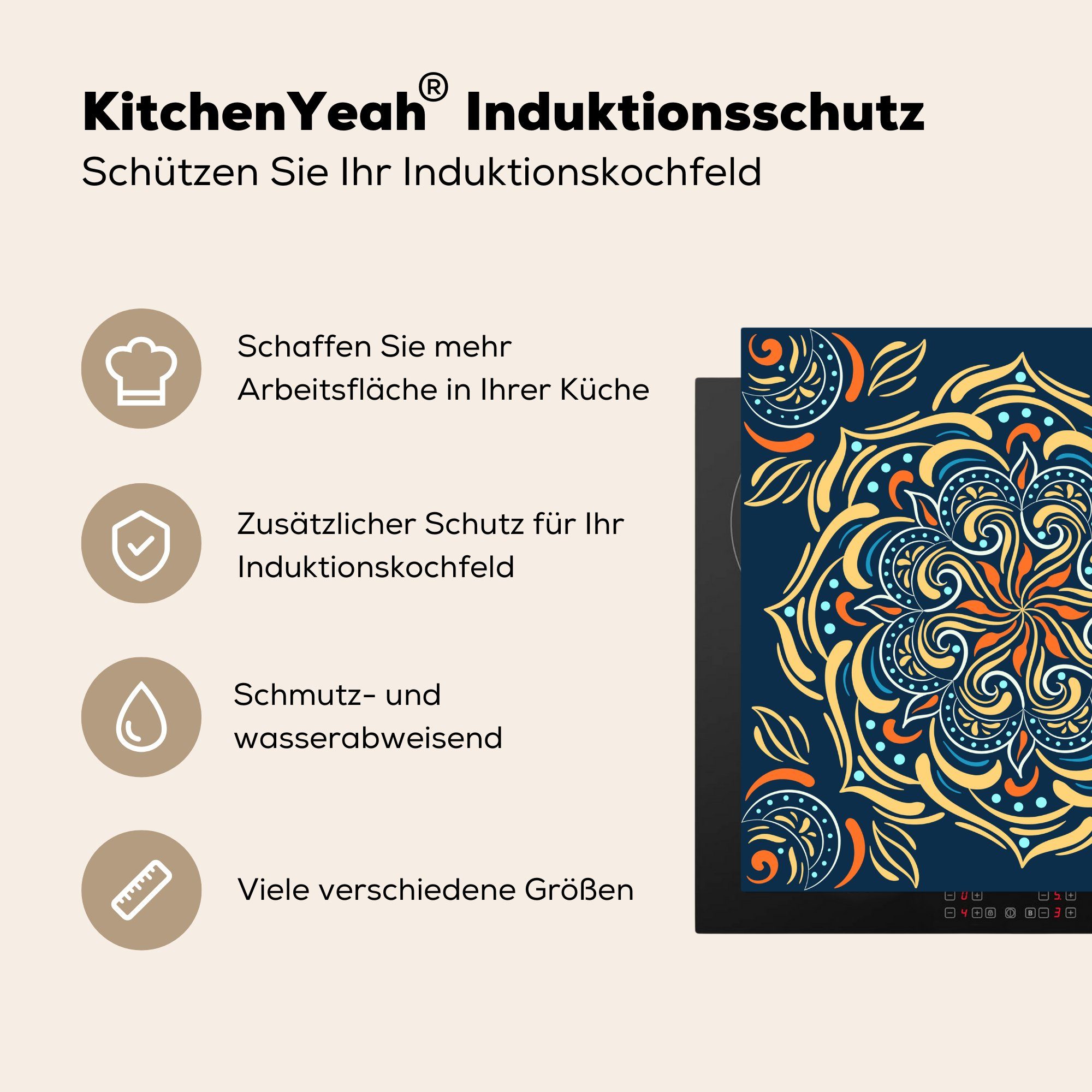 MuchoWow Herdblende-/Abdeckplatte Mandala - Gelb Vinyl, Arbeitsplatte küche - 78x78 (1 - für cm, tlg), Weiß Muster, Ceranfeldabdeckung