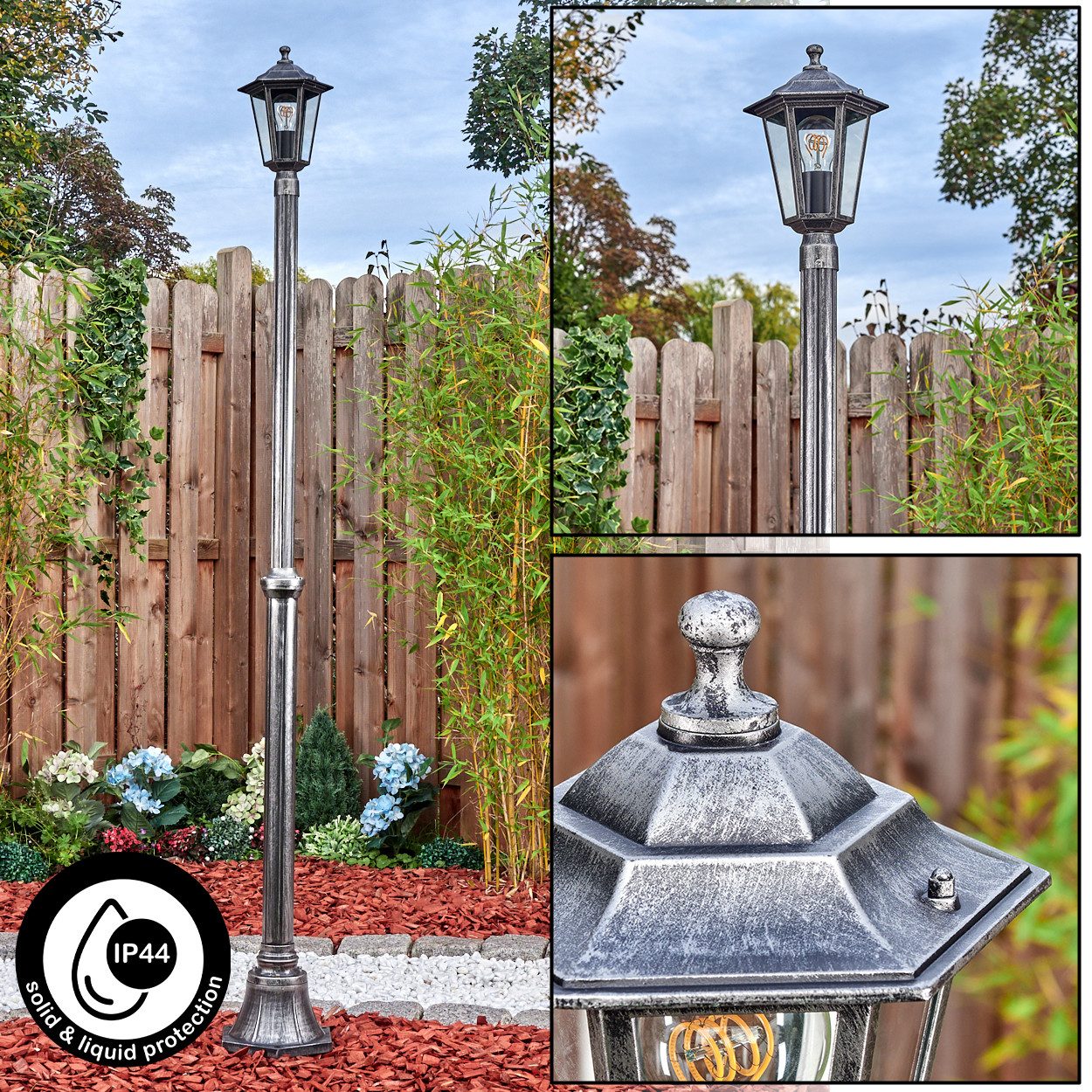 hofstein Pollerleuchte Außenwegeleuchte aus Metall/Glas in Schwarz/Silber/Klar, ohne Leuchtmittel, Wegeleuchte im Vintage/Antik/Landhaus-Design, 190 cm, 1 x E27, IP44