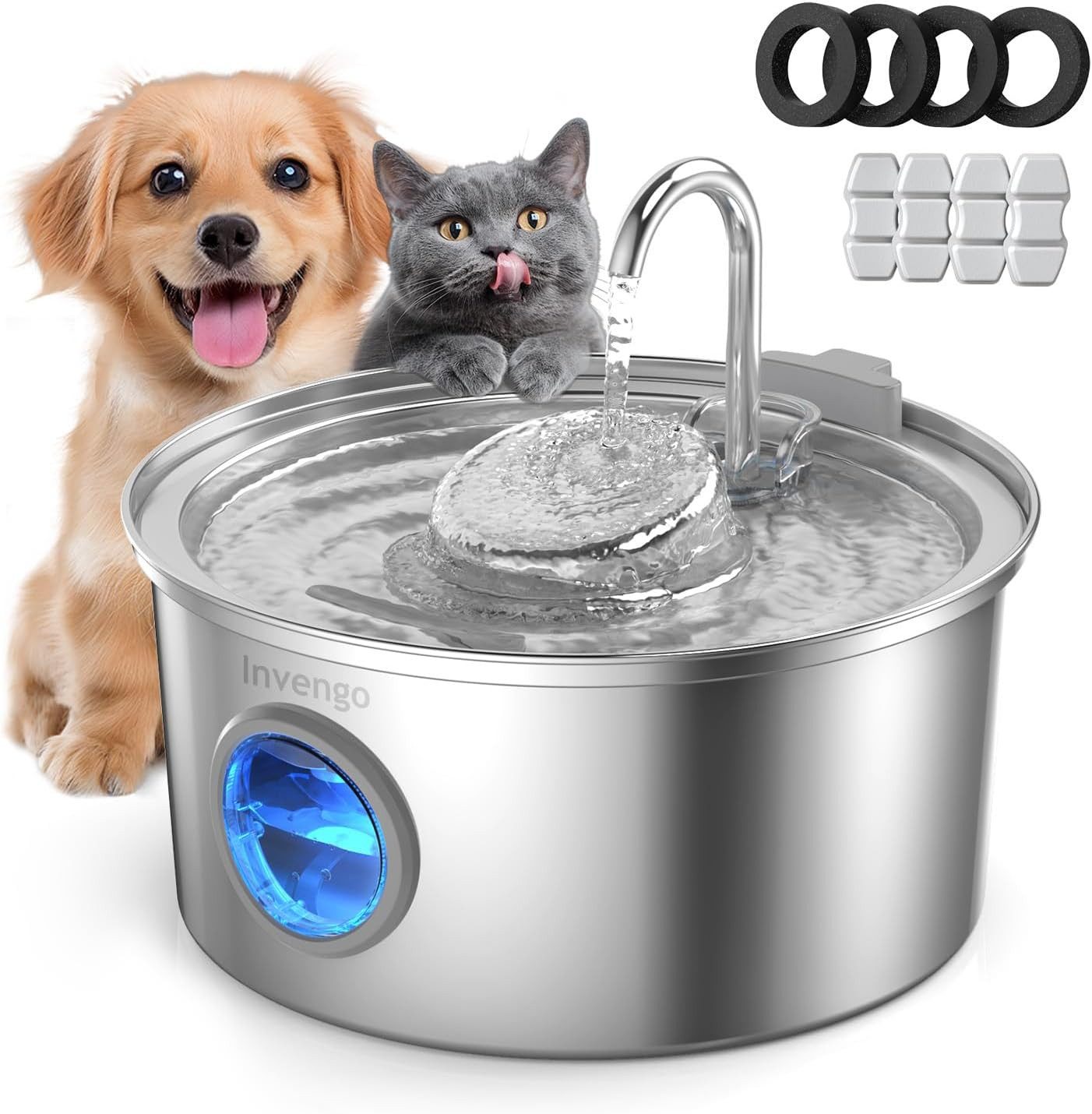 Invengo Trinkbrunnen Trinkbrunnen Katzenbrunnen Edelstahl 3,2L mit Filter Pumpe 3,2 l, Wasserstandsanzeige Edelstahlgehäuse leise Pumpe Filtersystem
