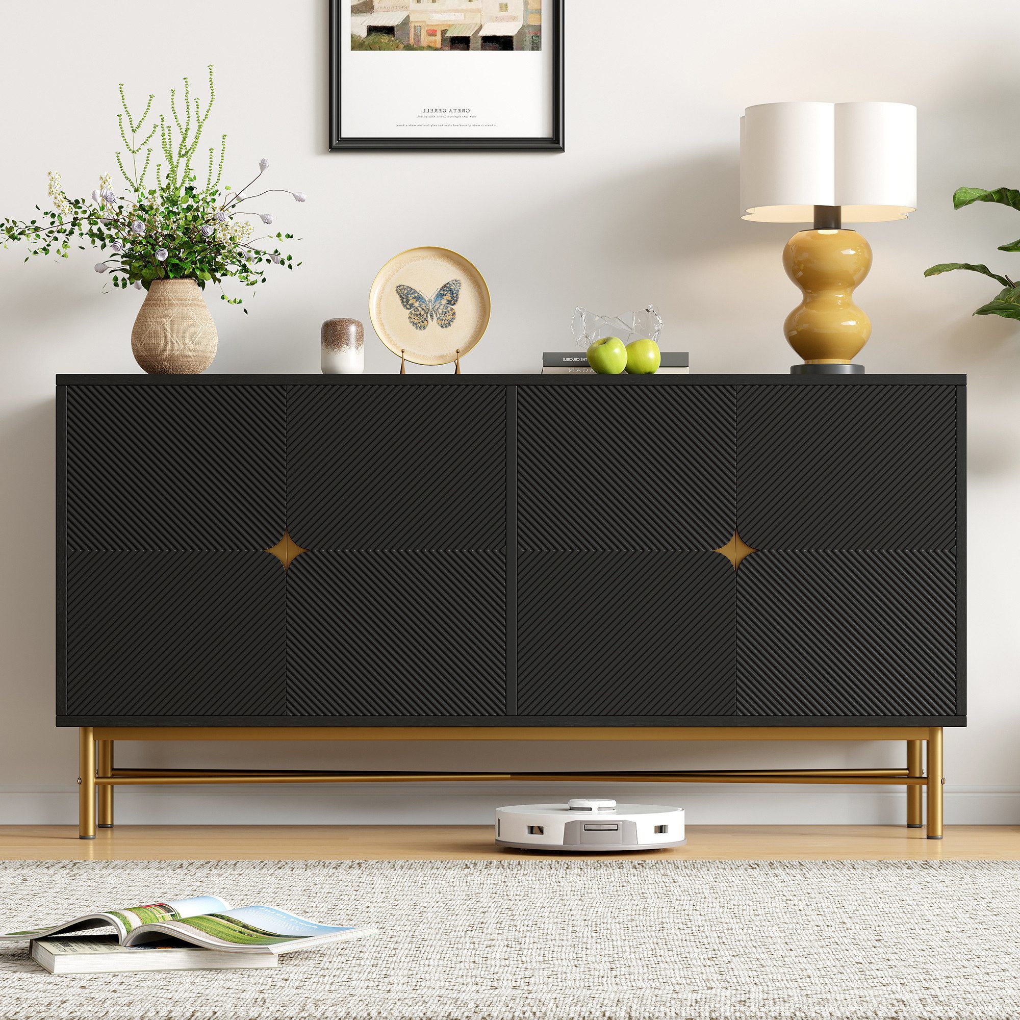 REDOM Sideboard Anrichte, Modernes Küchenschrank (Hochglanz 160 cm mit 4 Tü günstig online kaufen