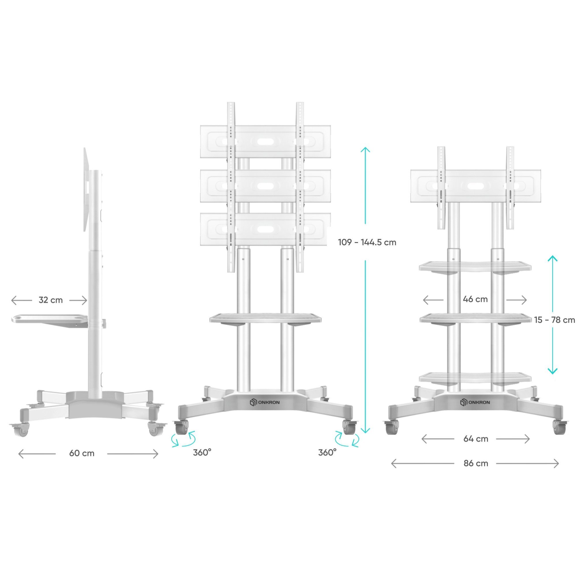 Halterung) 100x100-600x400 Ständer Rollen TV-Ständer, weiß bis 65 TS1351, TV Stand, TV 45 VESA kg TV mm Ständer TV ONKRON Standfuss, (bis Zoll TS1351, TV 40-65 mit TV Ständer Zoll,