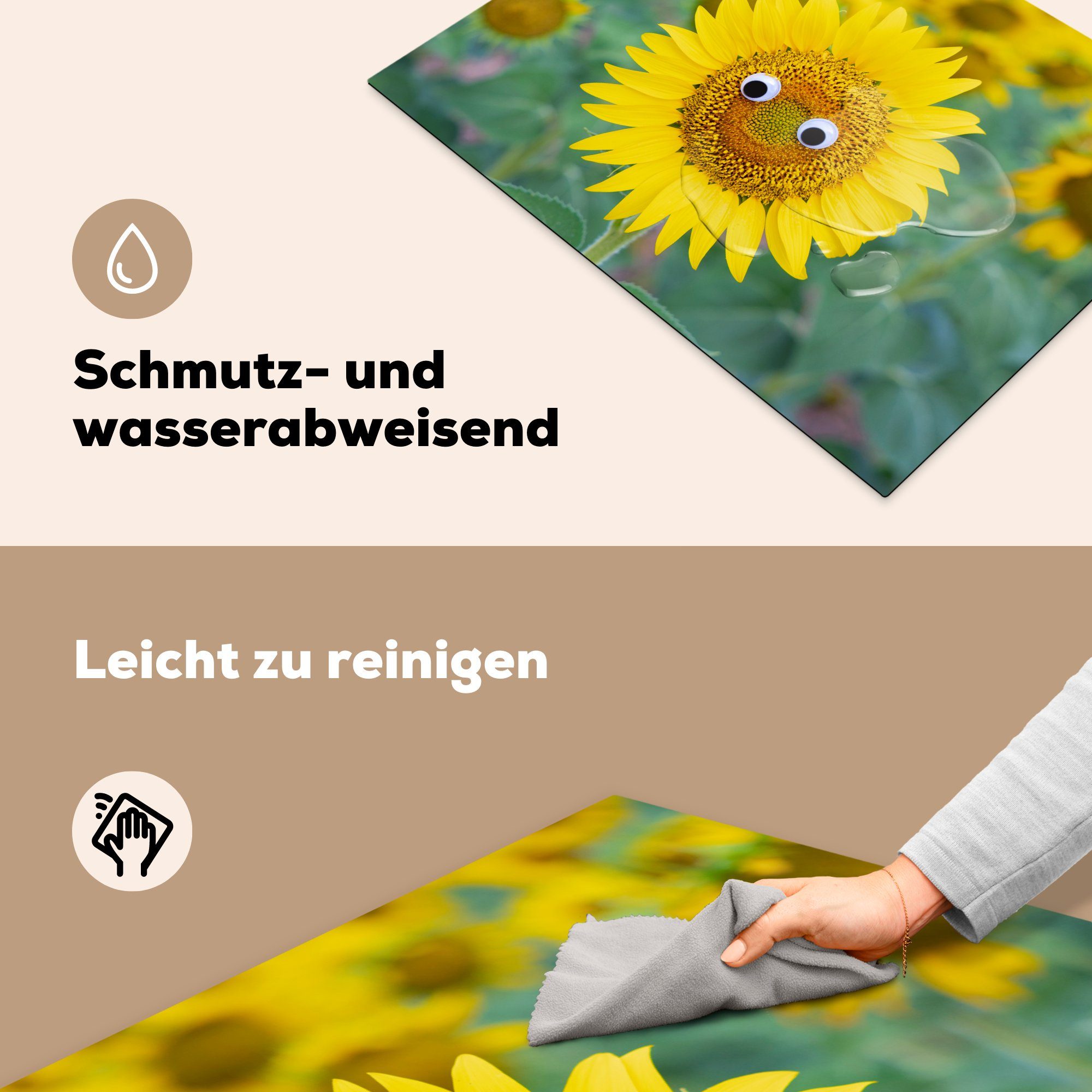 Mobile nutzbar, (1 Ceranfeldabdeckung Vinyl, MuchoWow komischem Arbeitsfläche Gesicht, Herdblende-/Abdeckplatte tlg), 70x52 mit Sonnenblume cm,