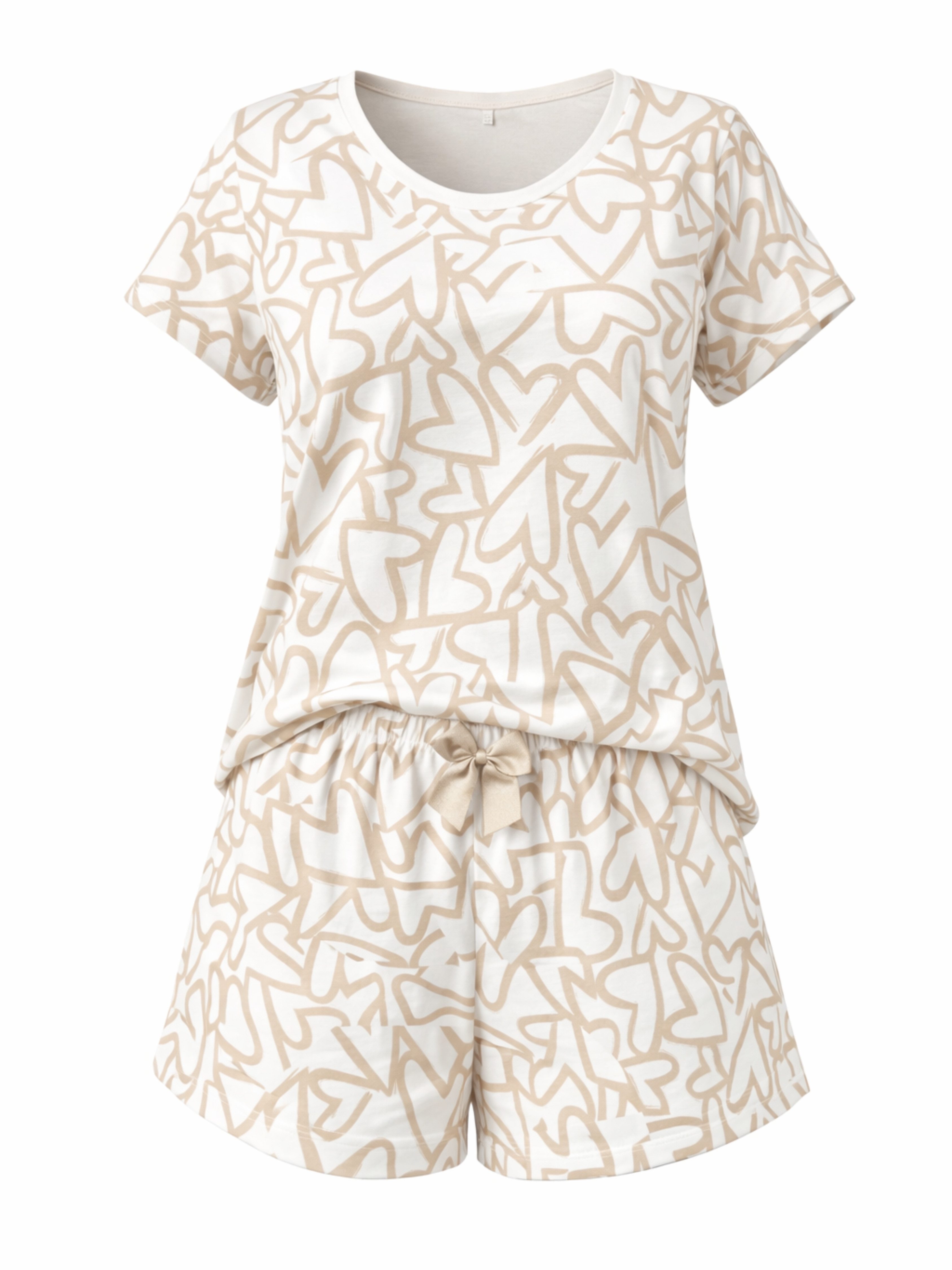 Donna Shorty Damen Pyjama Baumwolle kurz (2 tlg) Sommer Schlafanzug Damen kurz & atmungsaktiv, Herzmuster Allover