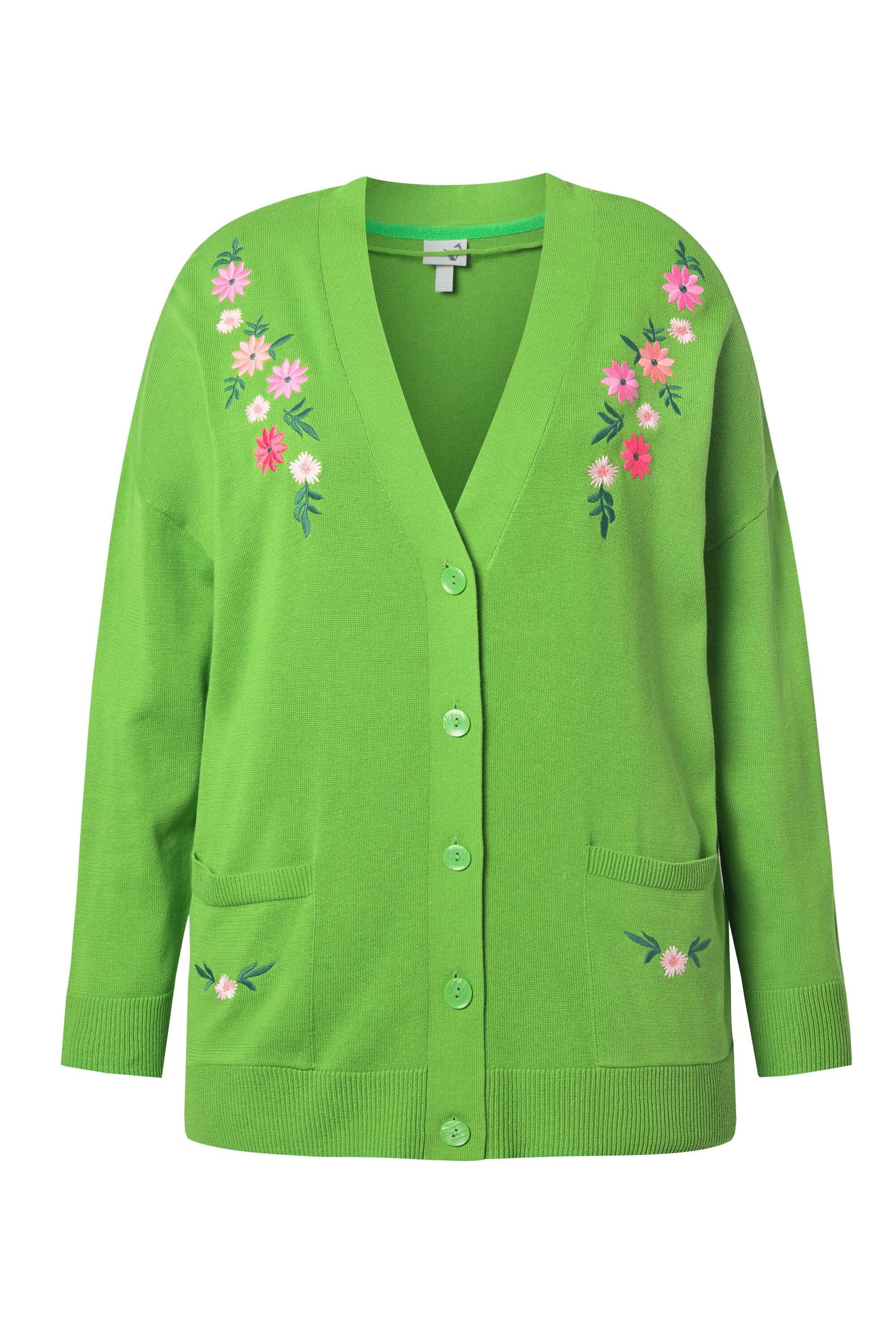 Ulla Popken Strickjacke Strickjacke Blüten-Stickerei V-Ausschnitt Langarm günstig online kaufen