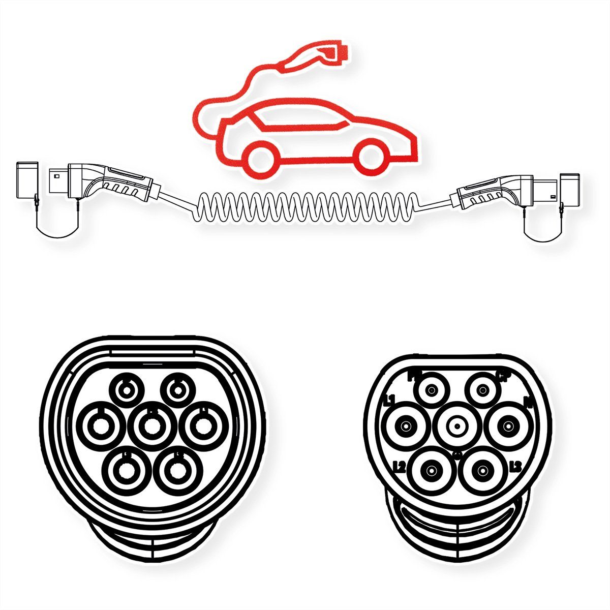 ROLINE E-Auto Spiral-Ladekabel Typ2, 1-phasig Autoladekabel, IEC 62196-2 Typ 2 (VDE-AR-E 2623-2-2) Männlich (Stecker), IEC 62196-2 Typ 2 (VDE-AR-E 2623-2-2) Weiblich (Buchse) (300.0 cm), 250VAC (1P+N+E), 32 A, 7,4 kW, max. 2m