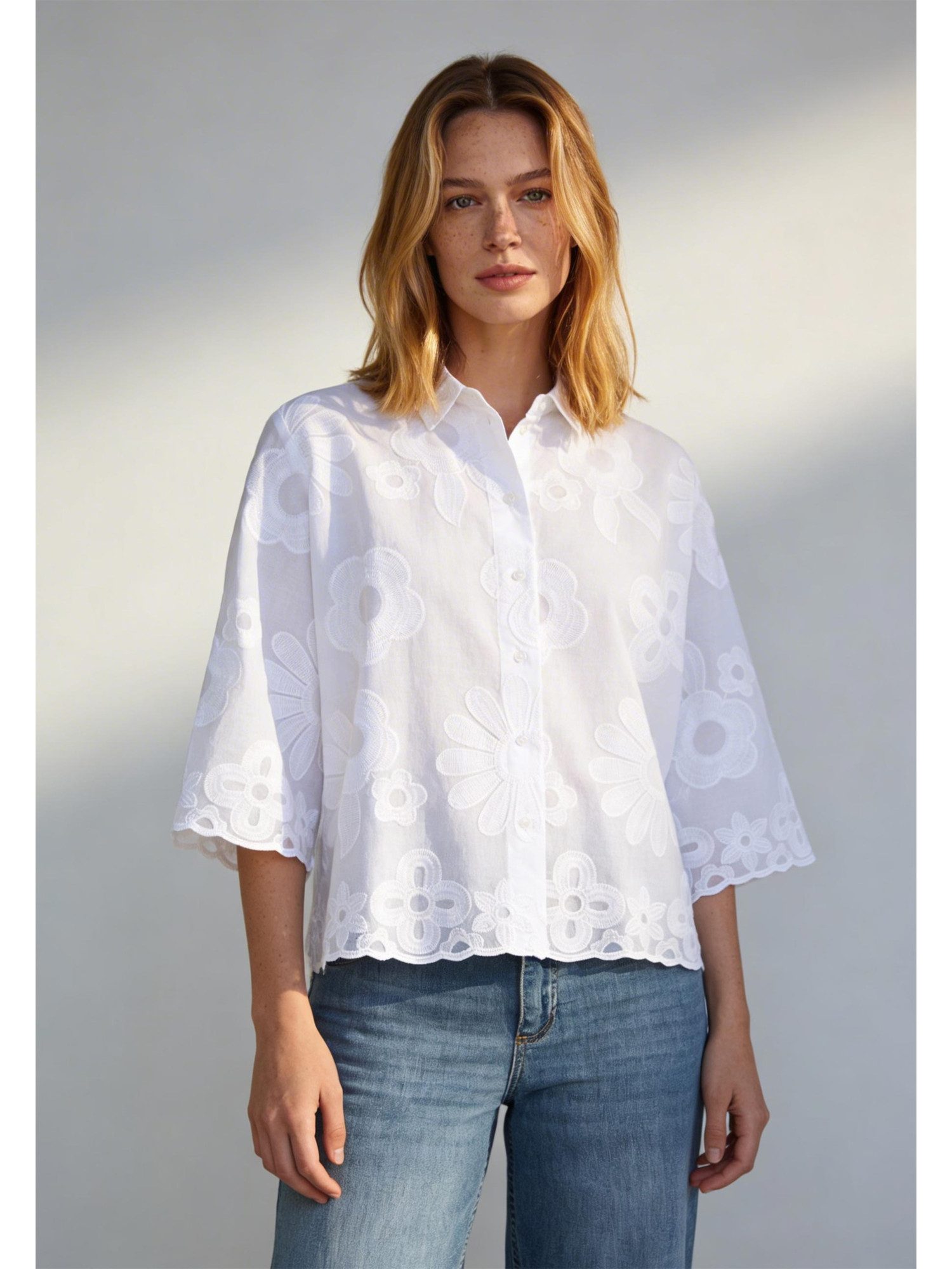 MORE&MORE Klassische Bluse weite 3/4 Arm-Bluse, Blumenstickerei