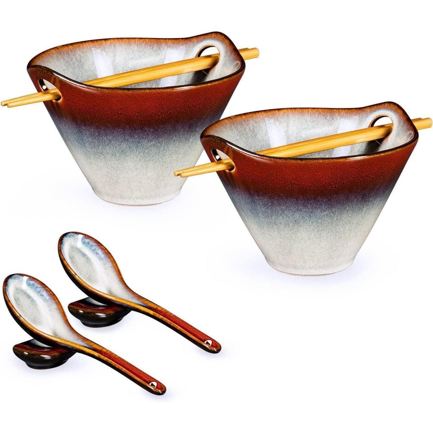 LuxusKollektion Suppenschüssel Ramen Schüssel Keramik 2er Set 600ml Japanisch Rot 600ml-rot, Keramik
