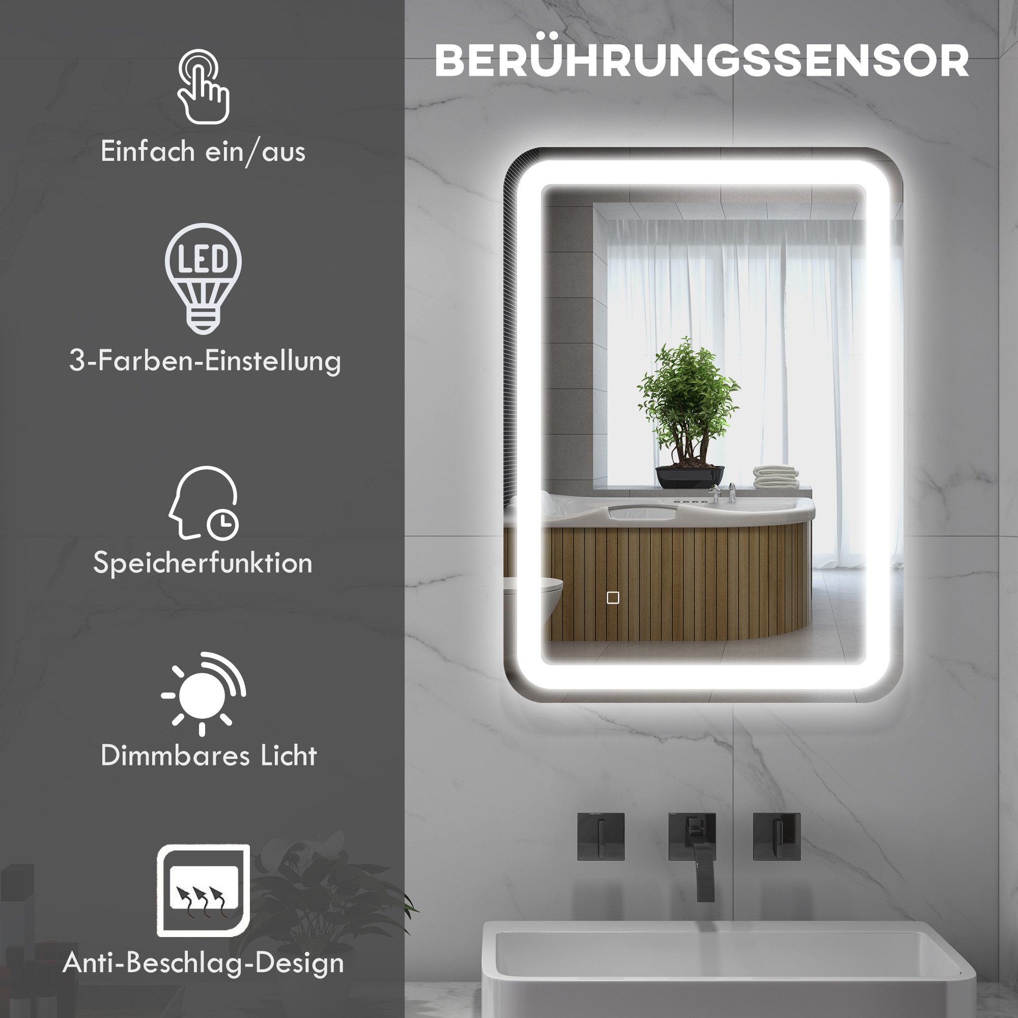 HOMCOM Badspiegel LED Spiegel mit 3 Lichtfarben, Memory-Funktion Lichtspiegel (Wandspiegel, 1-St., Badezimmerspiegel), für Badezimmer, Silber – Bild 5 von 5