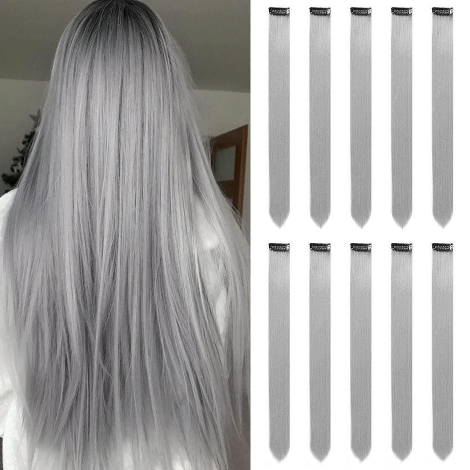 LuxusKollektion Kunsthaar-Extension Haarverlängerungen Clip In 22 Zoll Mädchen Frauen Party 10PCS Grau
