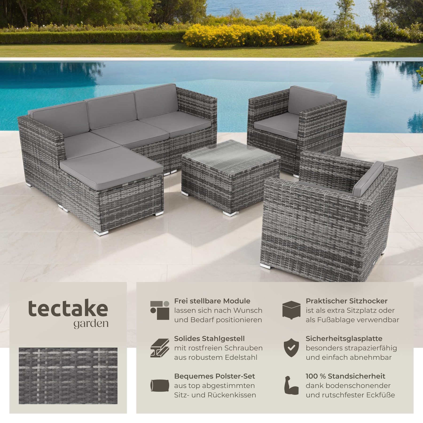 tectake Loungeset Rattan Sitzgruppe mit Sicherheitsglasplatte, für 5 bis 6 Personen, (Gartenlounge-set Lignano, 7-tlg., geeignet für Outdoor in Grau), widerstandsfähig und UV-beständig, variabel aufstellbar